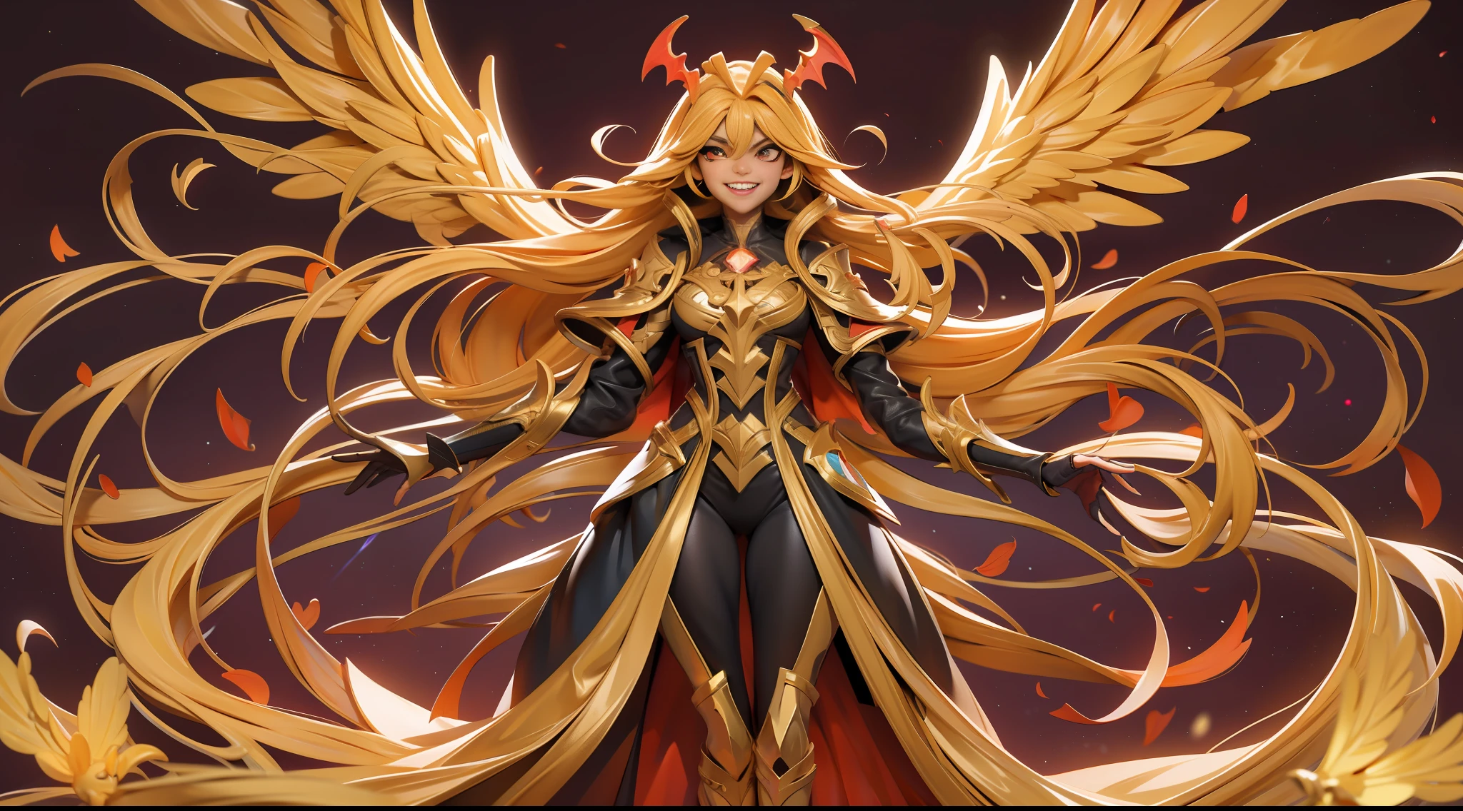 full body picture Unreal Engine 5 8K UHD of angel female, golden hair, have 4 angel wings, peaceful smile, have wisps flying around, bright heaven environment, face to face with demon female, dark red skin, have 4 eyes with gold glowing, have demon wings, evil but seductive smile, vampire teeth, have wisps flying around, dark environment, best quality, masterpiece