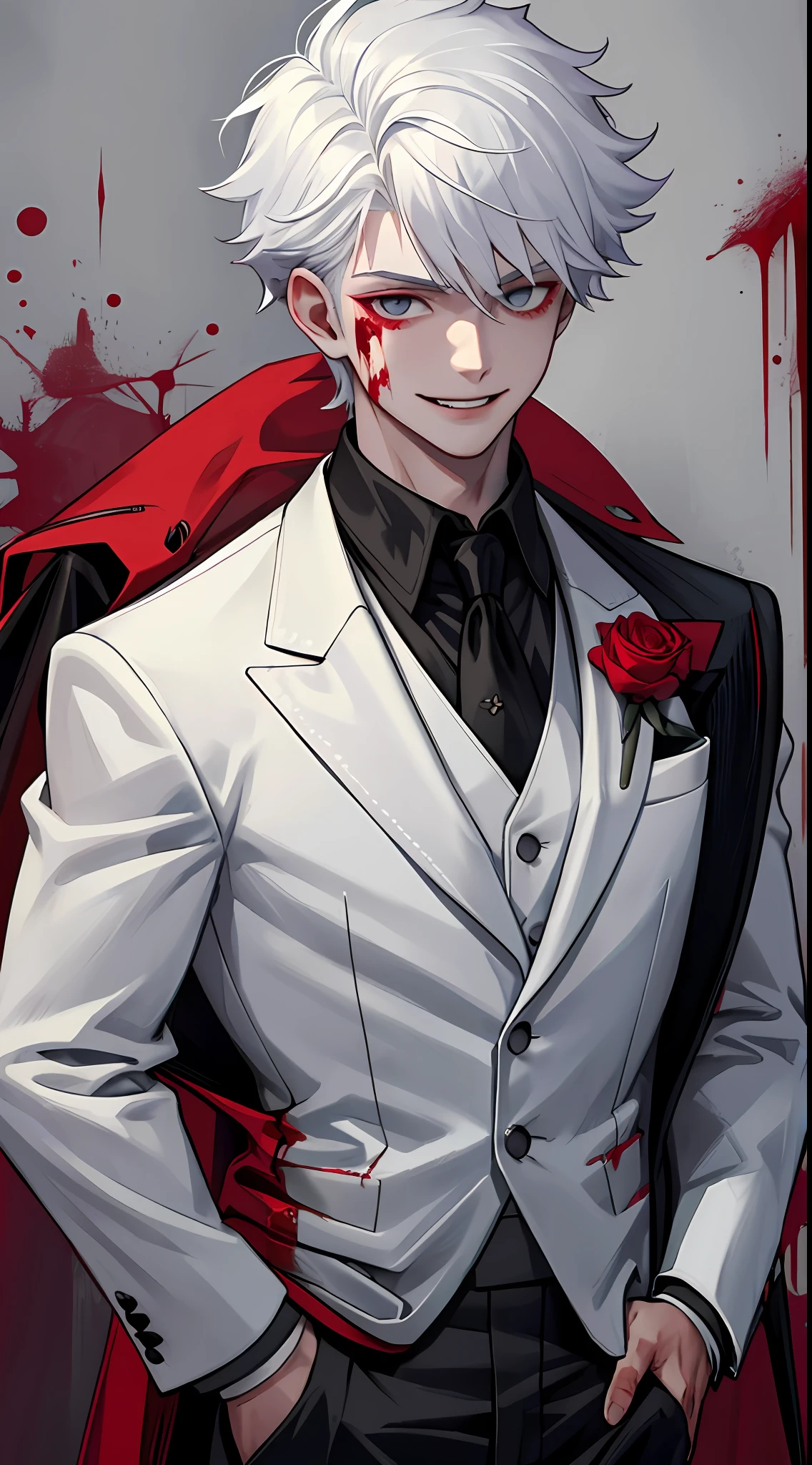(best quality, masterpiece), 1boy, upper body, injury, blood splatter, blood, formal, looking down, looking at viewer, white hair, vampire, hand in pocket, muscular, smile, dark mood