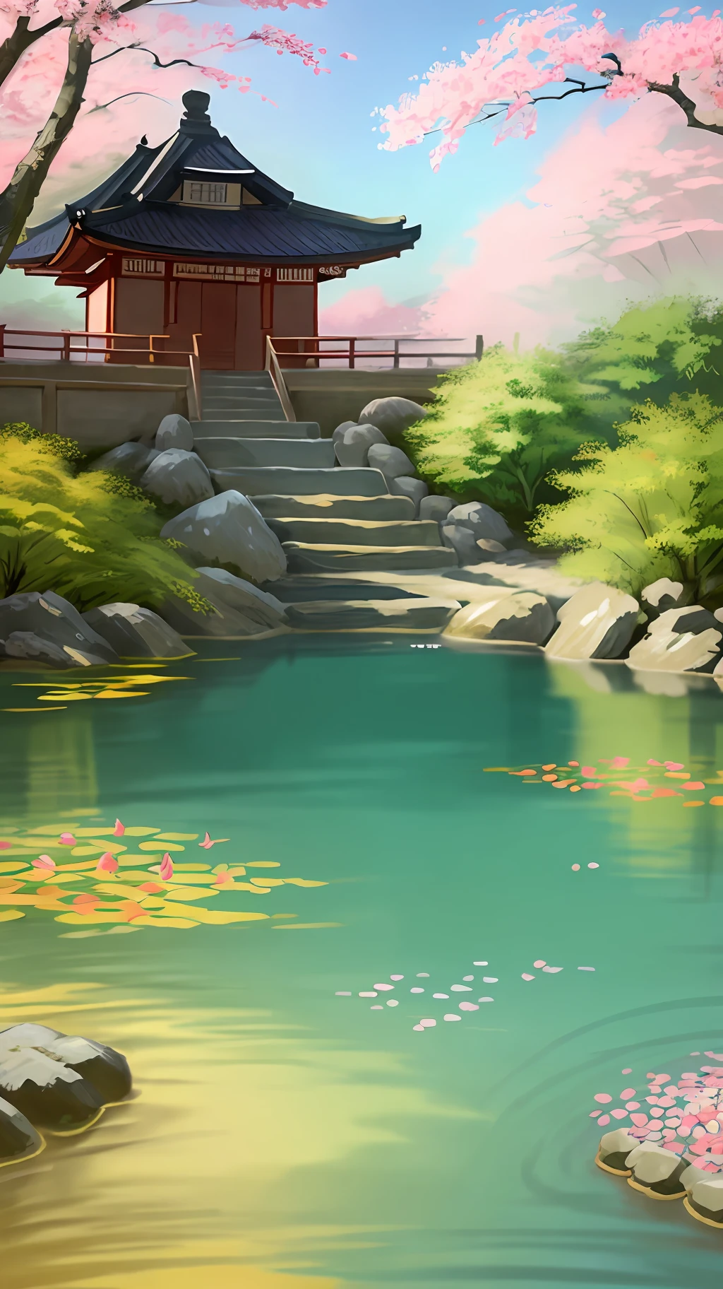 (digital painting),(best quality), (buildings:1.3), serene Japanese garden, cherry blossoms in full bloom, koi pond, footbridge, pagoda, Ukiyo-e art style, Hokusai inspiration, Deviant Art popular, 8k ultra-realistic, pastel color scheme, soft lighting, golden hour, tranquil atmosphere, landscape orientation