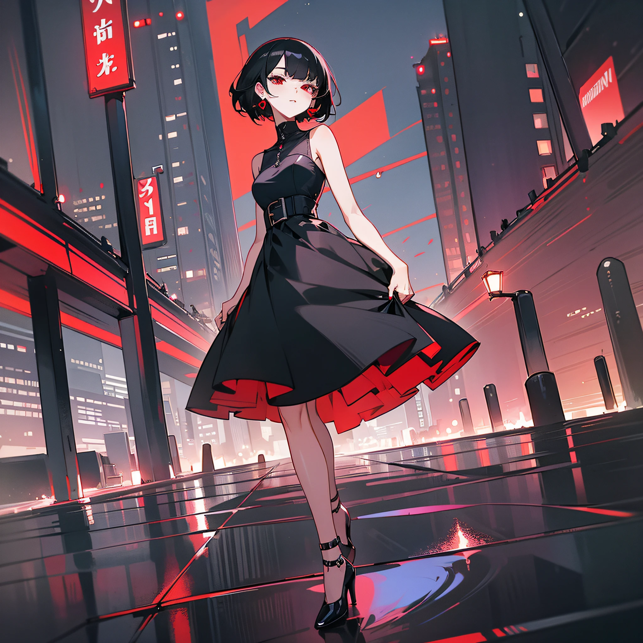 woman, black hair shorthair, stylish, black dress, black high heels, red eyes, red earrings, beautiful big city night scene, sexy, illustration --auto --s2
