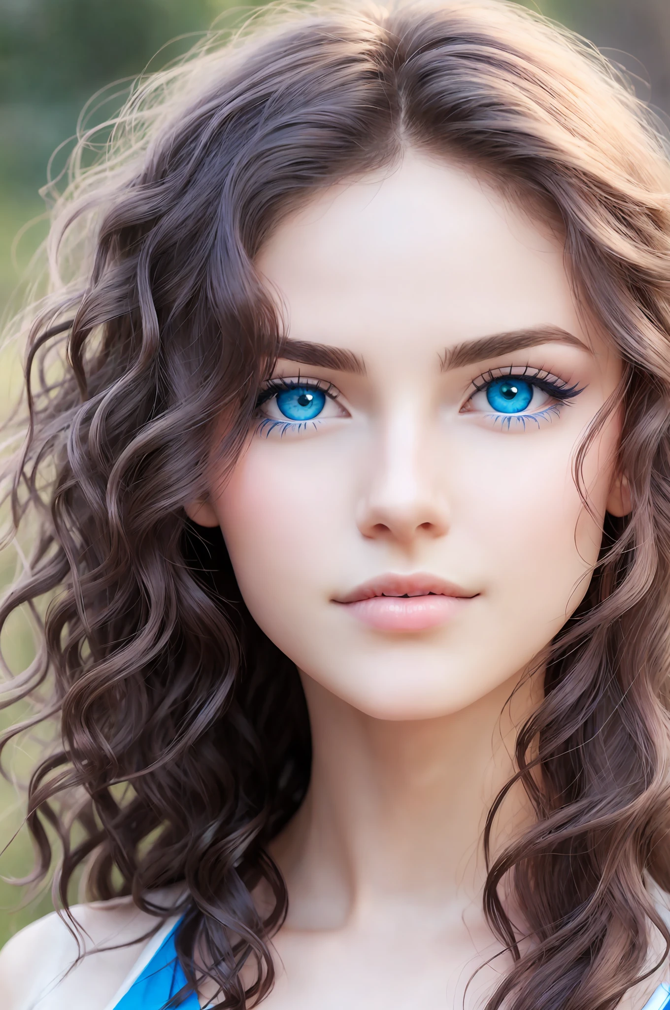 Create an image of a young woman with blue eyes and wavy hair, oval / rounded face