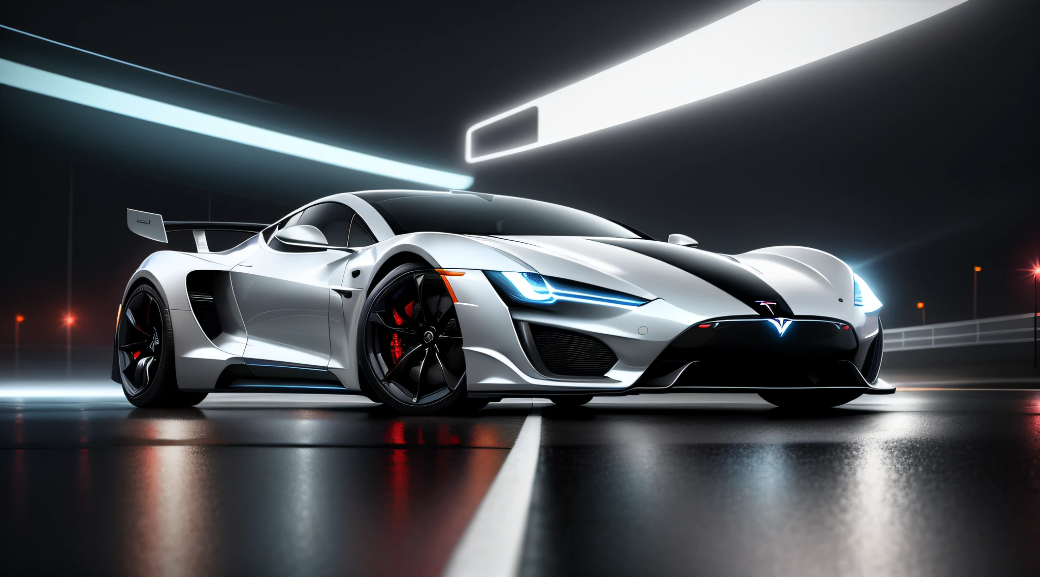 A futuristic sports car Tesla, its sleek curves and chrome body illuminated by the city lights, its reflection shimmering in the rain-soaked puddles., Futurism, Social realism, ray tracing, reflection light, best quality, award winning, textured skin, 8k, 16k, high quality, high details