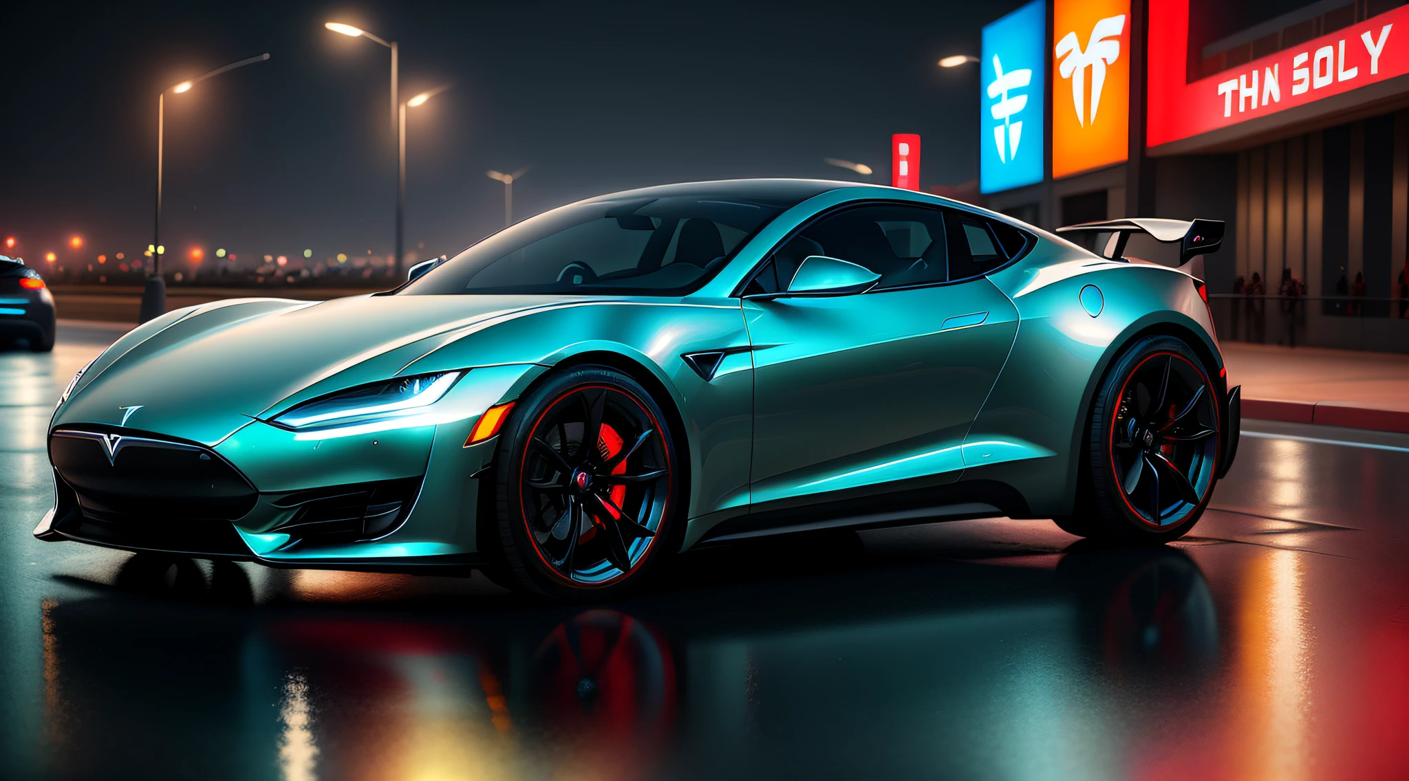 A futuristic sports car Tesla, its sleek curves and chrome body illuminated by the city lights, its reflection shimmering in the rain-soaked puddles., Futurism, Social realism, ray tracing, reflection light, best quality, award winning, textured skin, 8k, 16k, high quality, high details