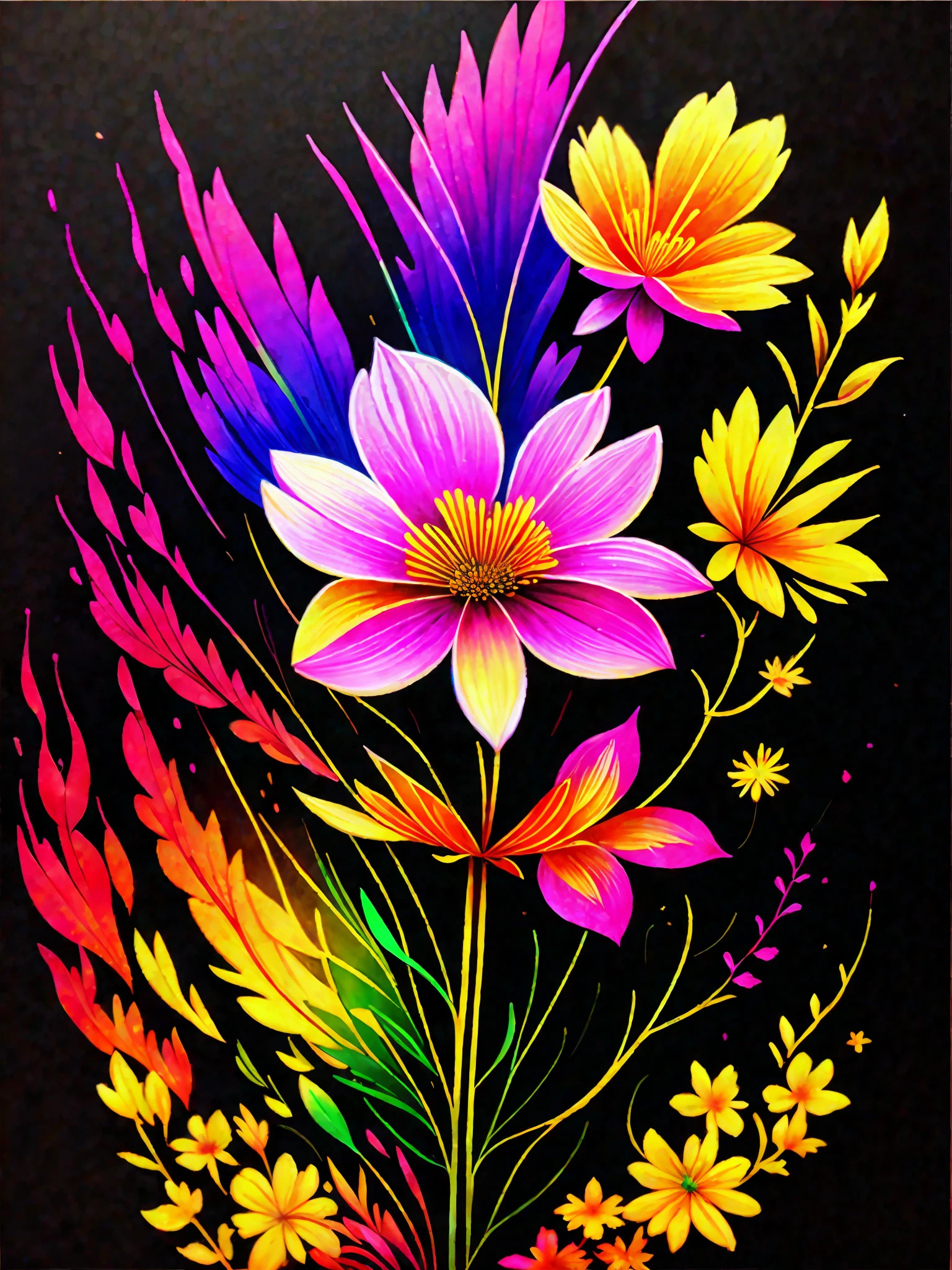 a painting of a colorful flower on a black background,, breathtaking rendering, within a radiant connection, inspired by Kinuko Y. Craft,, magical elements, flower icon, wow, is beautiful, casting a multi colorful spell, bright flash, flash