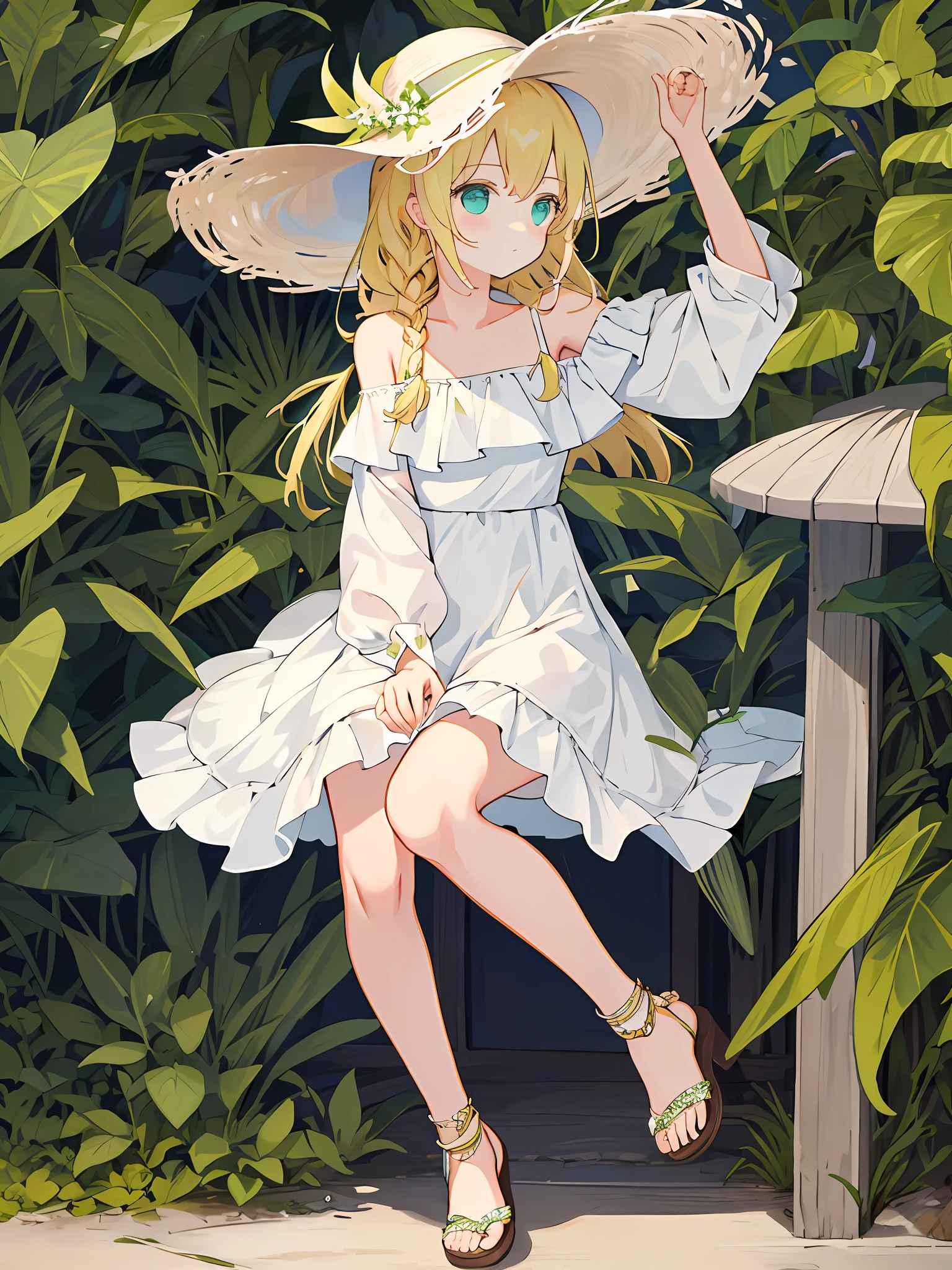 masterpiece, superb 1girl, solo, side_braidstreet, plant, (white dress), skirt, off-the-shoulder dress, bare shoulder, straw hat, (: &gt;), double braid,, full body, (sunshine), (), sandals, blush, collarbone, white shoes, miki bag summer, miki v2,,,