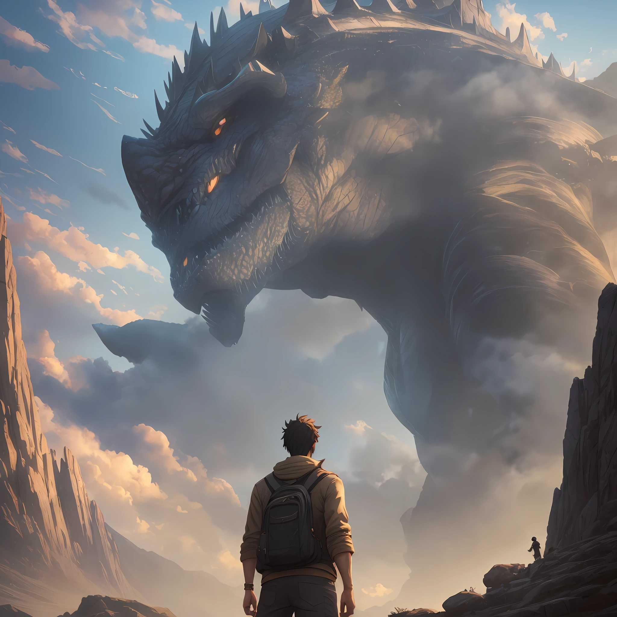 A highly detailed matte painting of a man on a hill watching a giant, terrifying monster and, by Makoto Shinkai, by Artgerm, by WLOP, by Greg Rutkowski, volumetric lighting, octane rendering, 4K resolution, trend in ArtStation, Masterpiece --auto --s2