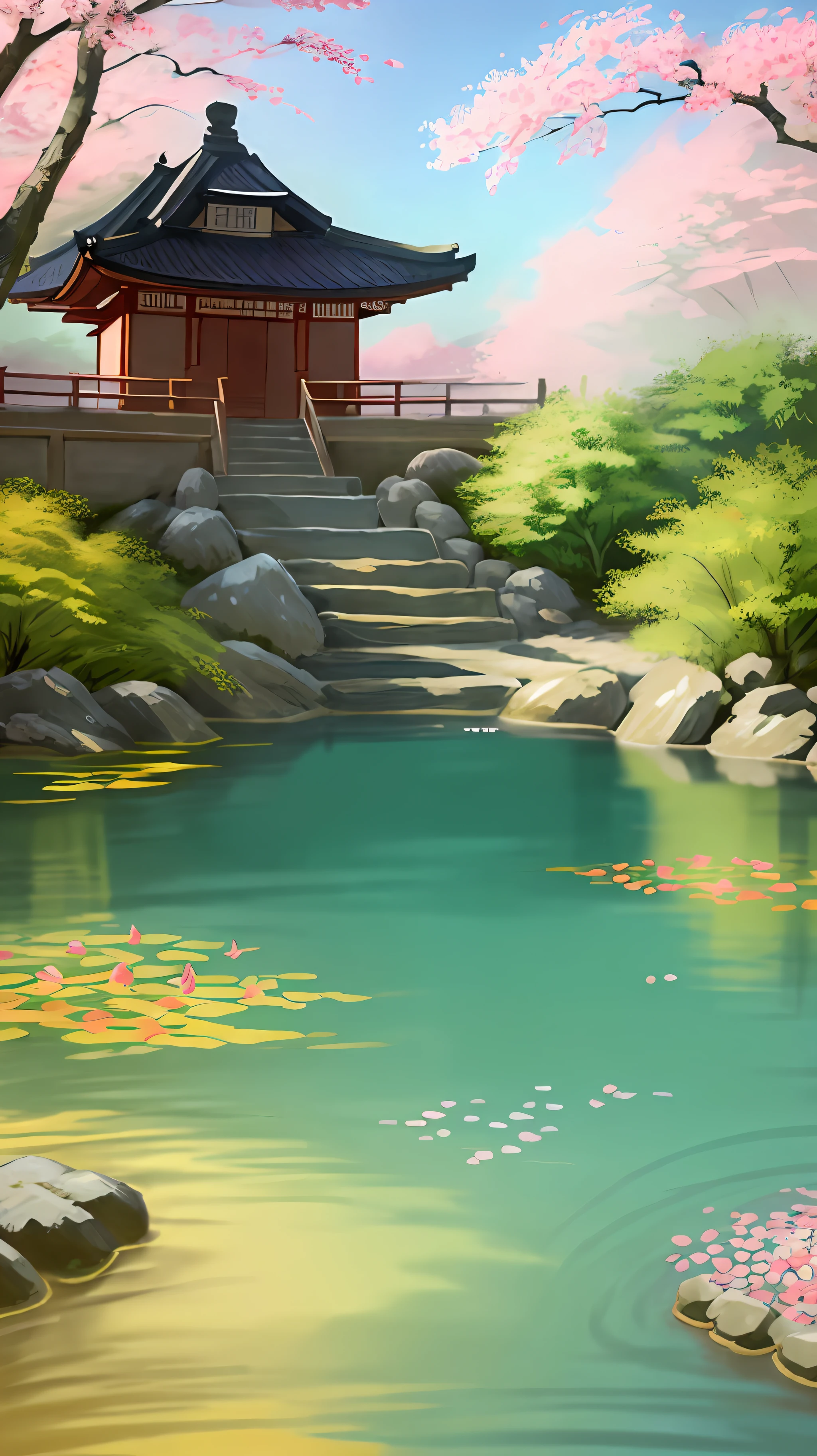 (digital painting),(best quality), (buildings:1.3), serene Japanese garden, cherry blossoms in full bloom, koi pond, footbridge, pagoda, Ukiyo-e art style, Hokusai inspiration, Deviant Art popular, 8k ultra-realistic, pastel color scheme, soft lighting, golden hour, tranquil atmosphere, landscape orientation