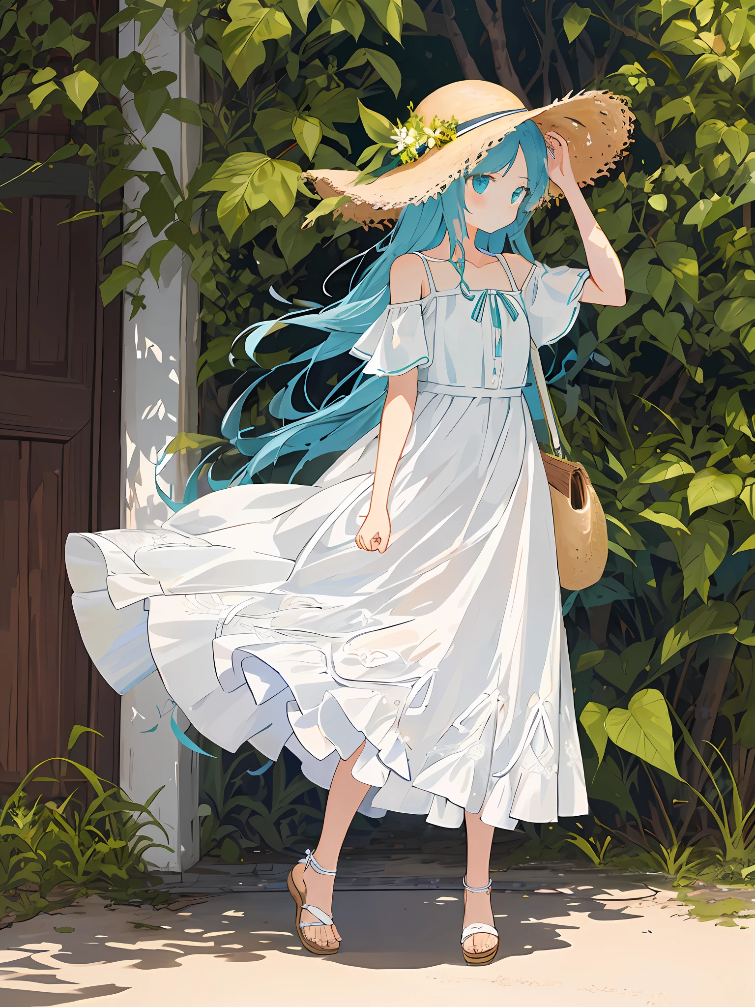 masterpiece, superb 1girl, solo, side_braidstreet, plant, (white dress), skirt, off-the-shoulder dress, bare shoulder, straw hat, (: &gt;), double braid,, full body, (sunshine), (), sandals, blush, collarbone, white shoes, miki bag summer, miki v2,,,