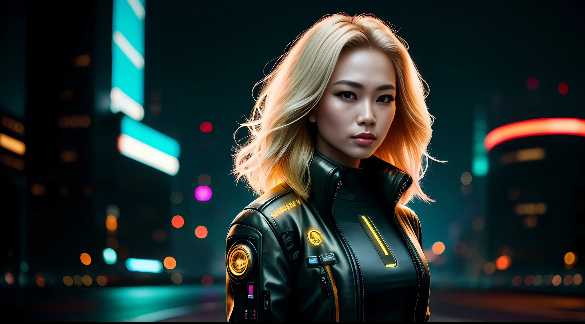 cyberpunk portrait photography, beautiful young thai woman with blonde hair looking off camera in glowing futuristic jacket, super realistic face, eyes visible through hair, proper eye position, natural skin, soft light, rim light, hips, in road side, detailed background, intricate , highly detail, octane render, HD, 8k, by Annie Leibovitz,120mm