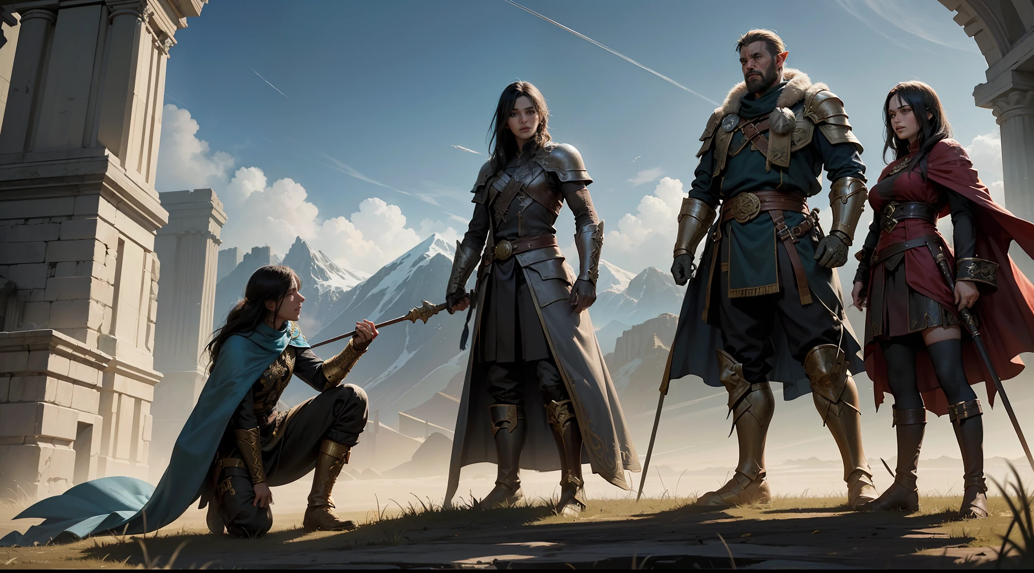 ((Best quality)), ((masterpiece)), (highly detailed:1.3)3D,tanjoreai , Amidst a realm of enchantment and mythical wonders, tales of (heroes:1.1) and (heroines:1.2) unfold. In this realm, ancient prophecies foretell the rise of a chosen champion destined to confront a malevolent force threatening to plunge the world into eternal darkness. The path to victory lies scattered across exotic and otherworldly landscapes, from mist-shrouded forests to towering crystalline peaks and (ethereal floating islands:1.1).Harnessing the arcane arts, (mighty wizards:1.1) conjure spells that weave intricate patterns of magic, while (elven archers:1.1) unleash arrows infused with ancient power. (Dwarven smiths craft legendary weapons:1.1) imbued with the essence of mythical creatures, capable of vanquishing even the most formidable foes.The heroes embark on a perilous quest, guided by ancient scrolls and cryptic riddles. Along their journey, they encounter wise mystics, shape-shifting creatures, and (mysterious sorceresses:1.1) who possess forbidden knowledge.As the heroes traverse the realms, ancient ruins and forgotten temples reveal long-lost secrets and powerful artifacts. The clash of steel and the crackling of (magical energies:1.1) echo through ancient battlegrounds, as the destiny of the world hangs in the balance. The heroes must summon unwavering courage, unwavering unity, and unlock their true potential to overcome seemingly insurmountable odds and fulfill their heroic destinies.In this realm of high fantasy, where the realms of magic and technology intertwine, where legends are born and (epic:1.2) sagas unfold, where heroes rise and villains fall, embark on a grand adventure that will captivate the imagination and transport you to a world where anything is possible,HDR (High Dynamic Range),Ray Tracing,NVIDIA RTX,Super-Resolution,Unreal 5,Subsurface scattering,PBR Texturing,Post-processing,Anisotropic Filtering,Depth-of-field,Maximum clarity and sharpness,Multi-layered textu