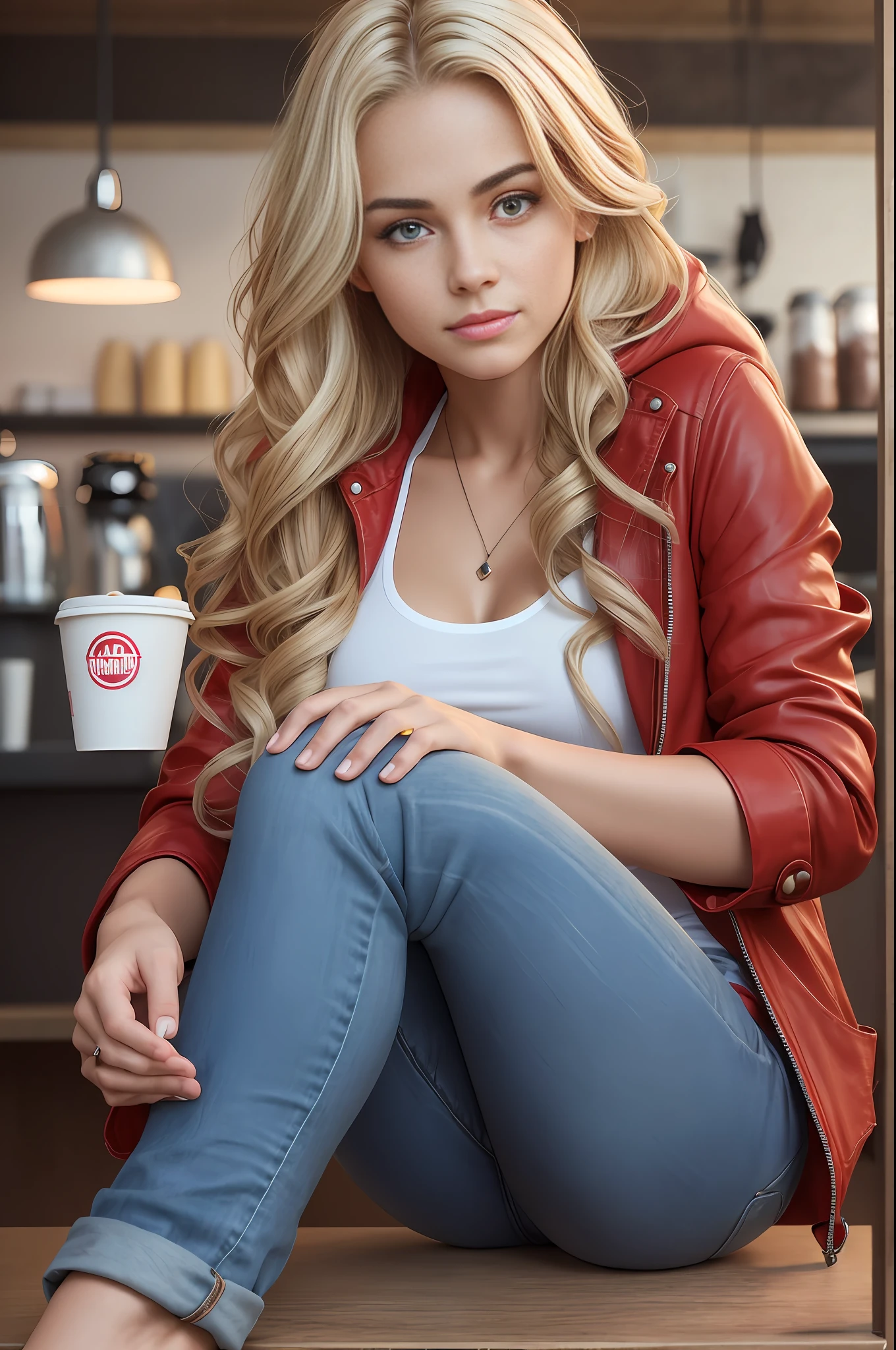 absurdres, RAW photo, highest quality, (masterpiece: 1.3), high detail RAW color photo, professional photo, extremely detailed CG 8k wallpaper unit, photo-realistic, realistic, RAW photo, masterpiece, best quality, highres,
1girl, 19 YEARS old, white, blonde hair, wavy, Average length, random hairstyle, athletic body, thin legs, perfect beautiful face, beautiful light brown realistic eyes, fair skin, detailed skin texture, very small natural breasts. Serious. She looks amazing. (red jacket and jeans, simple design). In a coffee shop in São Paulo.