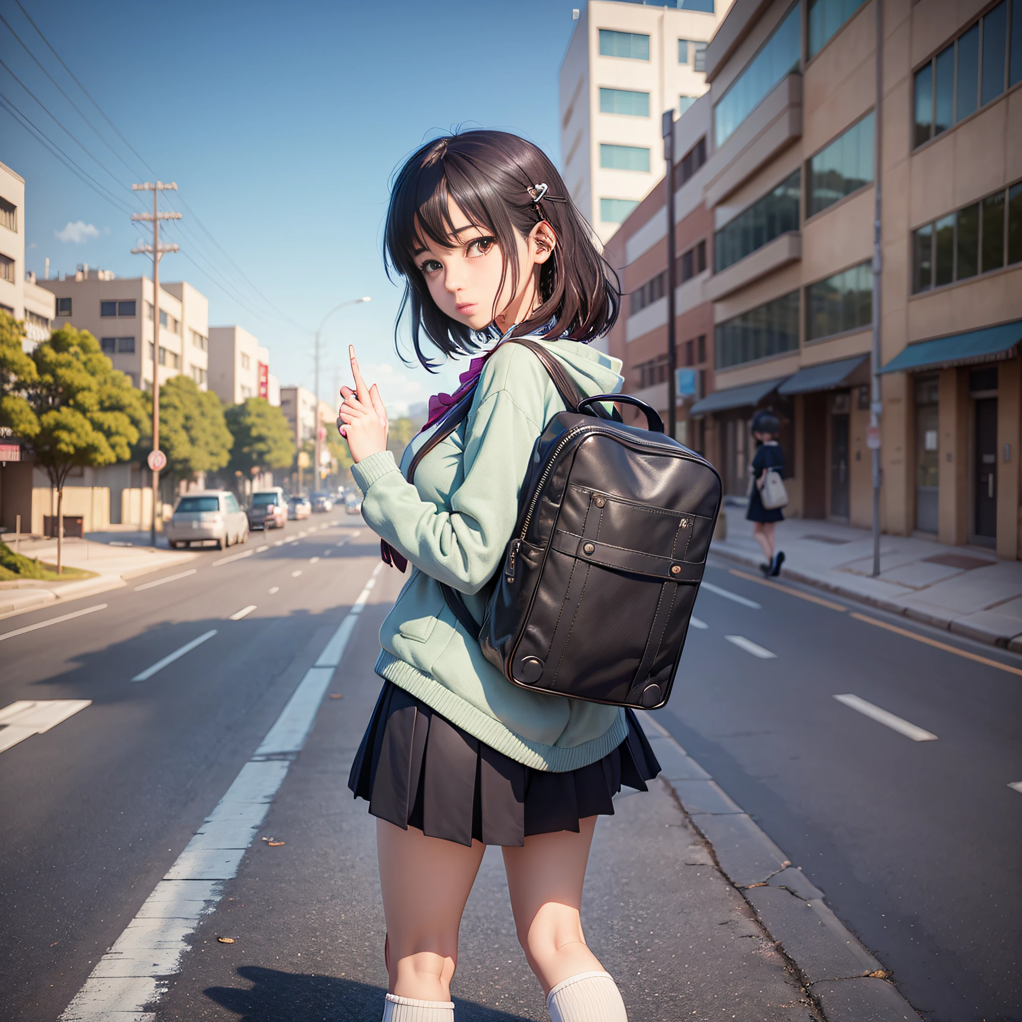 There is a woman standing on the road with a bag, anime style mixed with Fujifilm, anime girls in real life, beautiful anime high school girls, surreal schoolgirls, realistic anime, anime style. 8k, realistic anime 3D style, surreal schoolgirl, Makoto Shinkai style, standing on the road, beautiful anime scene --auto --s2