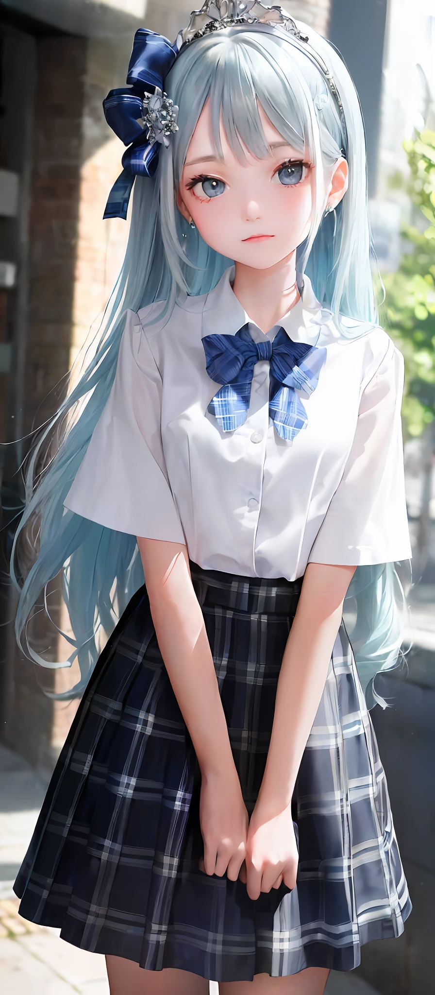 1 girl, (masterpiece: 1.1), (best quality: 1.1), (white blouse: 1.1), (plaid skirt: 1.1), school uniform, break [blue: pink: 0.5] theme, (urban background: 1.1), denim lenses, break silver, delicate tiara, landscape,