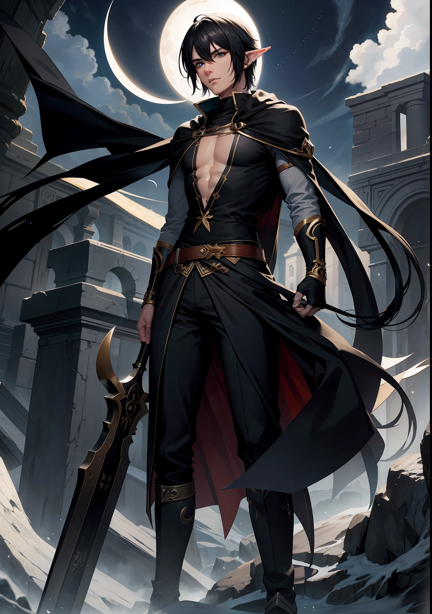 Male elf, black hair, scenery with moons, but with a scar.