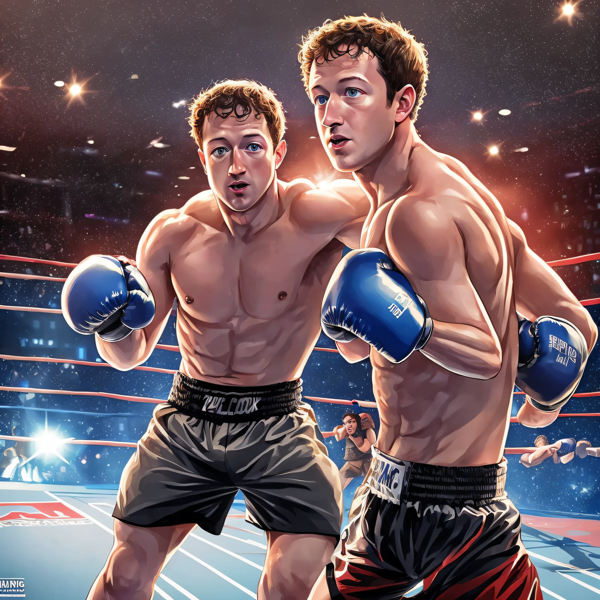 Produce a striking image of Mark Zuckerberg and Elon Musk standing in a boxing ring, wearing boxing gloves and sporting a determined and confident look on their faces. Add dynamic lighting effects to emphasize their intense rivalry, and use an expert blend of colors and textures to bring this dynamic scene to life. --auto --s2