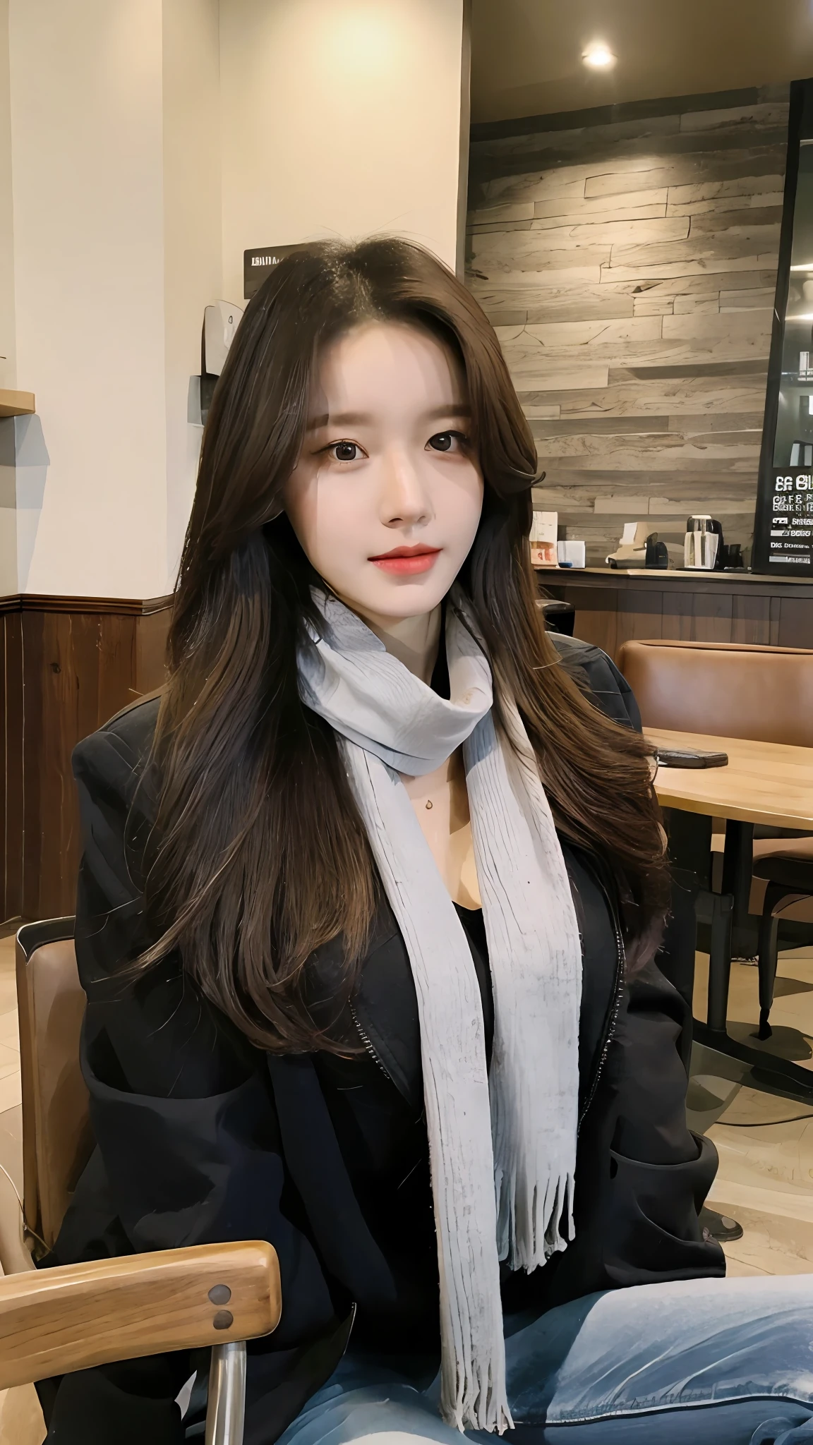 (Realistic, high resolution:1.2), 1 girl, super fine face and eyes, long hair, scarf with black jacket, short jeans, sitting on coffee chair, in a café, coffee on the table, big breasts