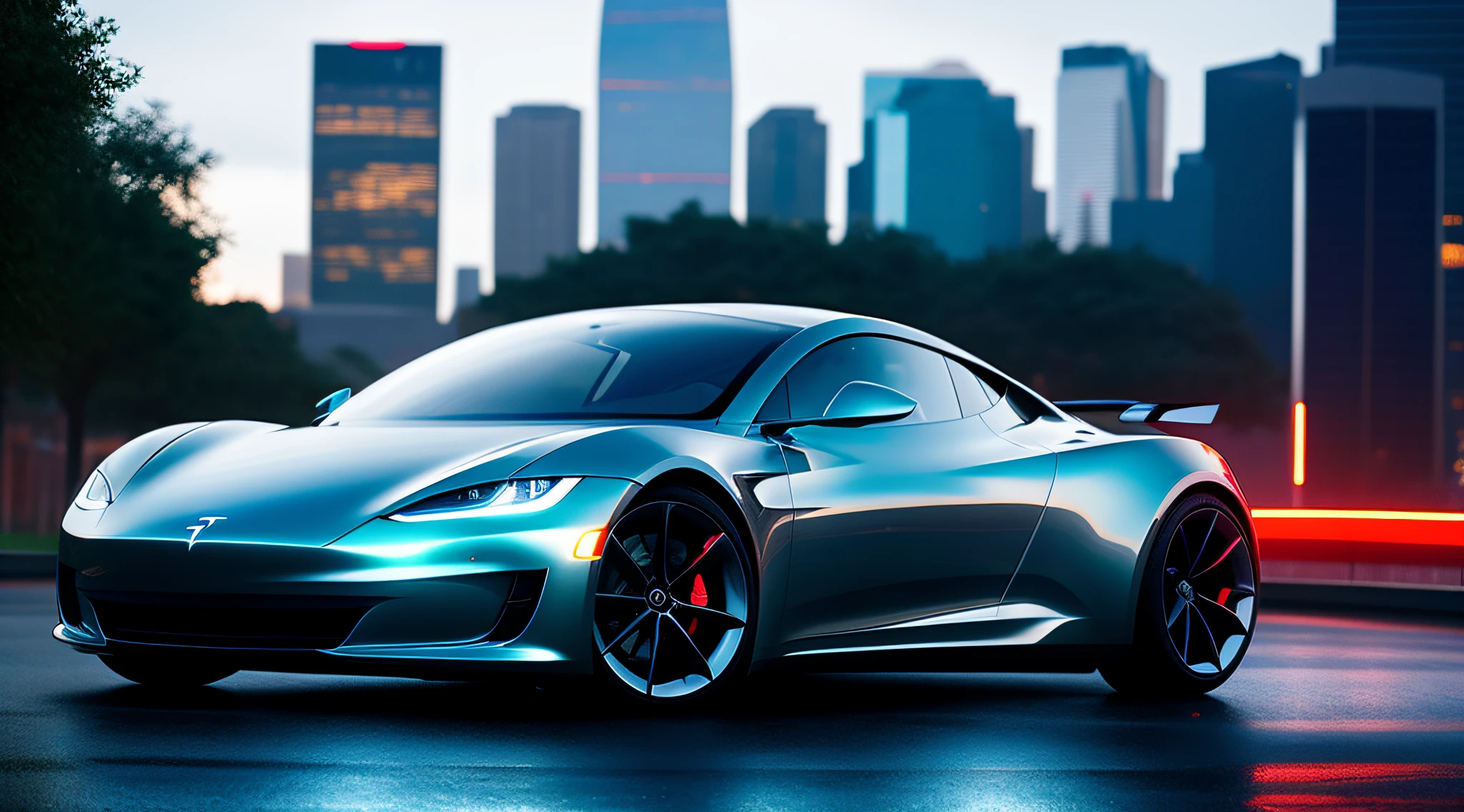 A futuristic sports car Tesla, its sleek curves and chrome body illuminated by the city lights, its reflection shimmering in the rain-soaked puddles., Futurism, Social realism, ray tracing, reflection light, best quality, award winning, textured skin, 8k, 16k, high quality, high details