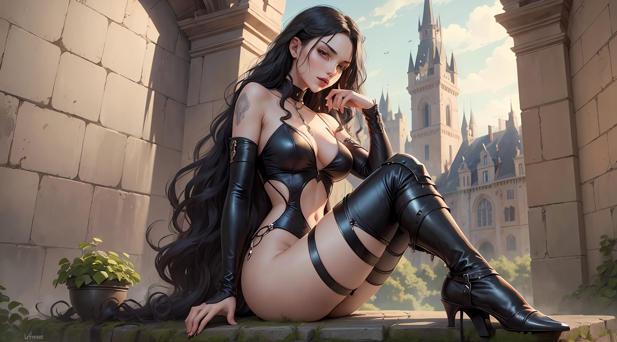 draw woman, young vampire naked, sitting on stone, medieval castle in the background, seductive vampire, sexy princess, long curly black hair, cup of blood in hand , --auto --s2