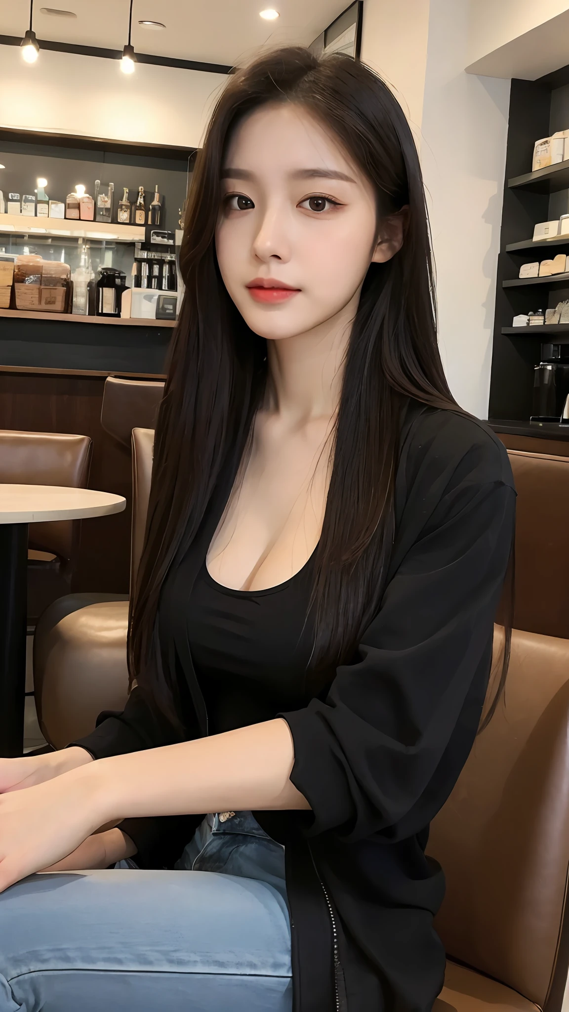 (Realistic, High resolution:1.2), 1 girl, super fine face and eyes, long hair, tight black tank top with black jacket, short jeans, sitting on coffee chair, in café, coffee on table, big breasts