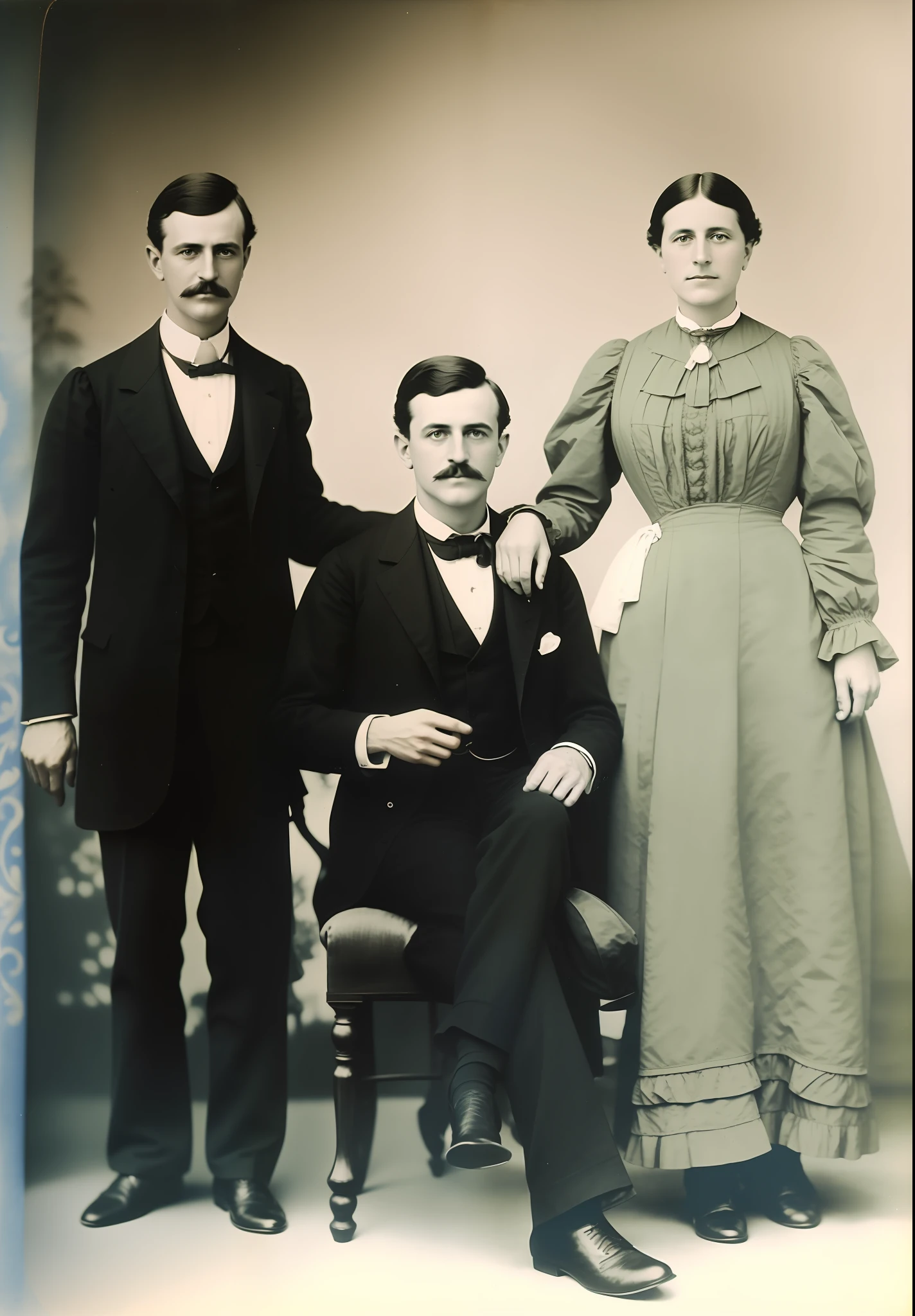 there are three people posing for a picture in a photo booth, colorized 1 9 0 4 photo, colorized photograph, colorized photo, a colorized photo, colourized, hand - tinted, colorized, colorized photon, inspired by Pedro Álvarez Castelló, restored color, colorized background, family portrait, colourised, victorian era, photo in color