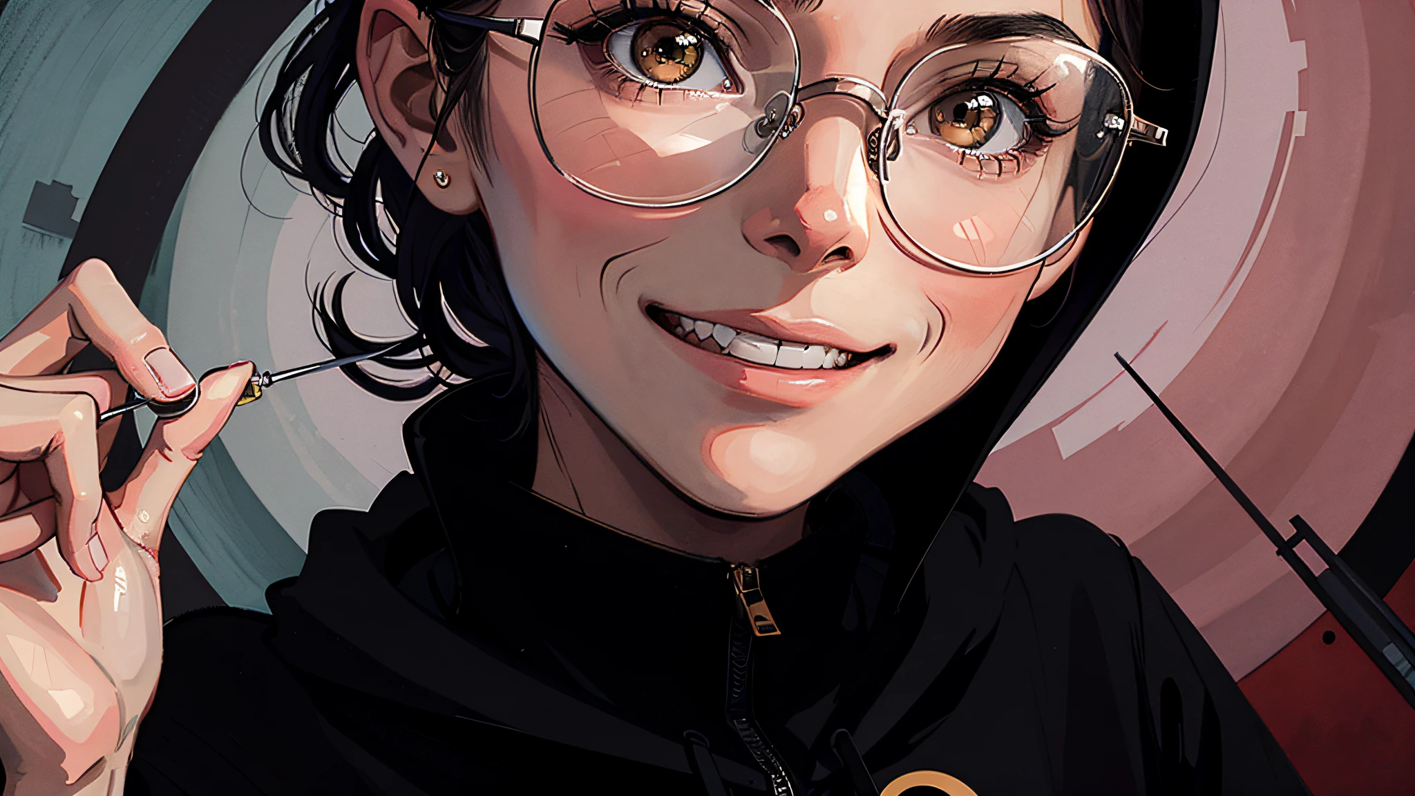 There is a woman wearing glasses and a hoodie posing for a photo, she wears Harry Potter glasses, very low quality image, !! Wearing modern glasses!!, girl with glasses, slightly cute nerdy smile, thick glasses, glasses, with glasses, girl wearing round glasses, light nerdy smile, !! Wearing glasses!!, very silly, with glasses ( anime)