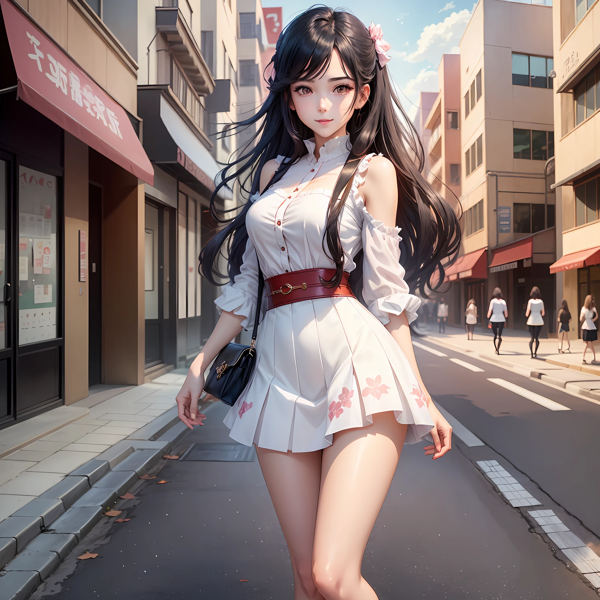 Anime girl standing on the street, the most beautiful artwork in the world, exposed all body, height, 170cm, wearing high heels, beautiful anime girl, seductive anime girl, slim body, snow-white skin, lace skirt, slightly open lips, skirt, fashion, charming anime girl, long black hair, oriental aesthetics, beautiful teacher standing, slim body, seduction, coquettishness, smile, skirt, fashionable, sexy, sexy Author: Hosomura Kane, anime moe art style, Marin Kitagawa fanworks, Beautiful anime high school girl, Kantai collection style, (8k, best quality, masterpiece: 1 girl.2 shoujo), (reality, realistic photo: 1 girl.2 shoujo) 1 girl a girl, perfect face, perfect eyes --auto --s2