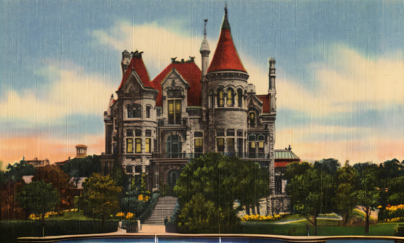 arafed view of a castle with a clock tower and a fountain, victorian castle, hand - tinted, 1910s architecture, historic photograph, ornately detailed, historical image, archive photo, historic photo, from 1890, gothic revival, restored color, vintage postcard, official courthouse, color image, archival photo, exterior shot, gothic mansion