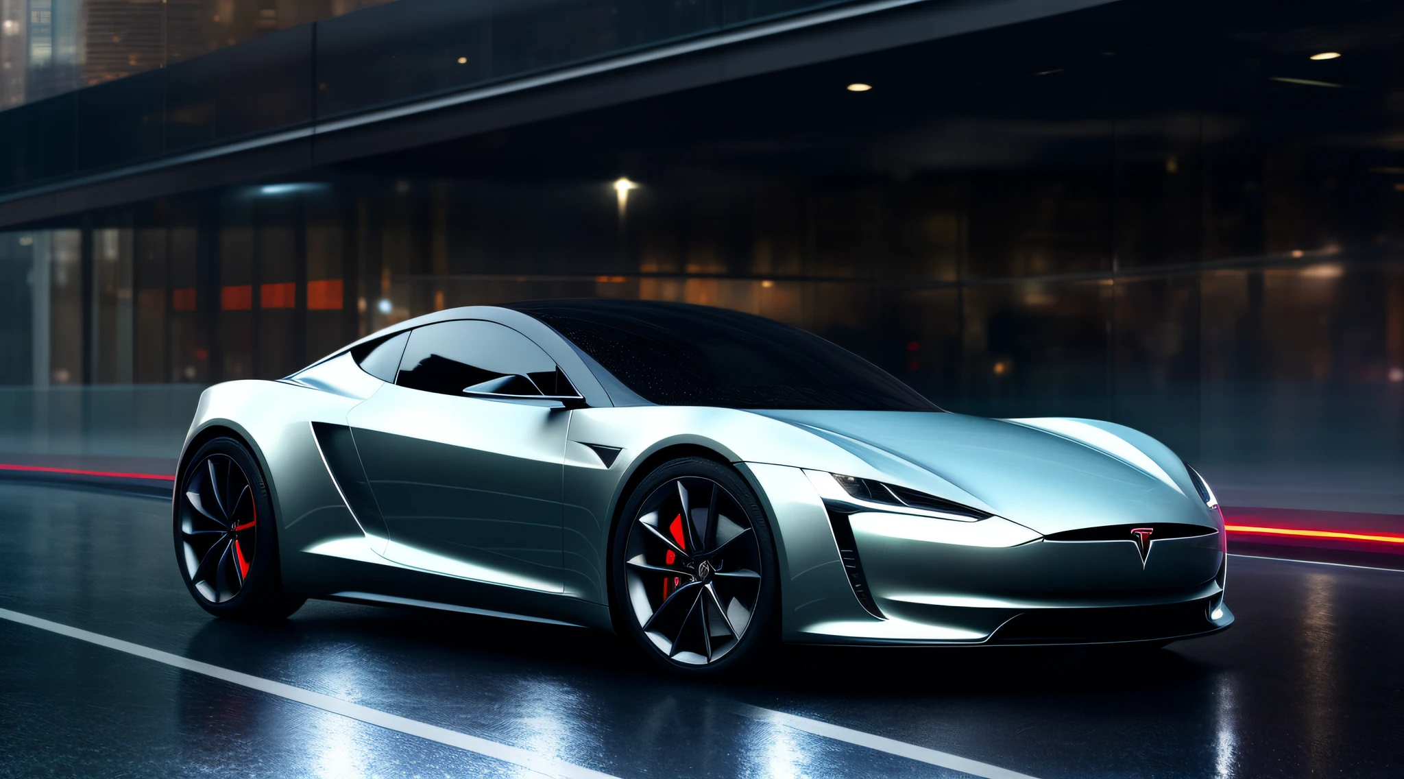 A futuristic sports car Tesla, its sleek curves and chrome body illuminated by the city lights, its reflection shimmering in the rain-soaked puddles., Futurism, Social realism, ray tracing, reflection light, best quality, award winning, textured skin, 8k, 16k, high quality, high details