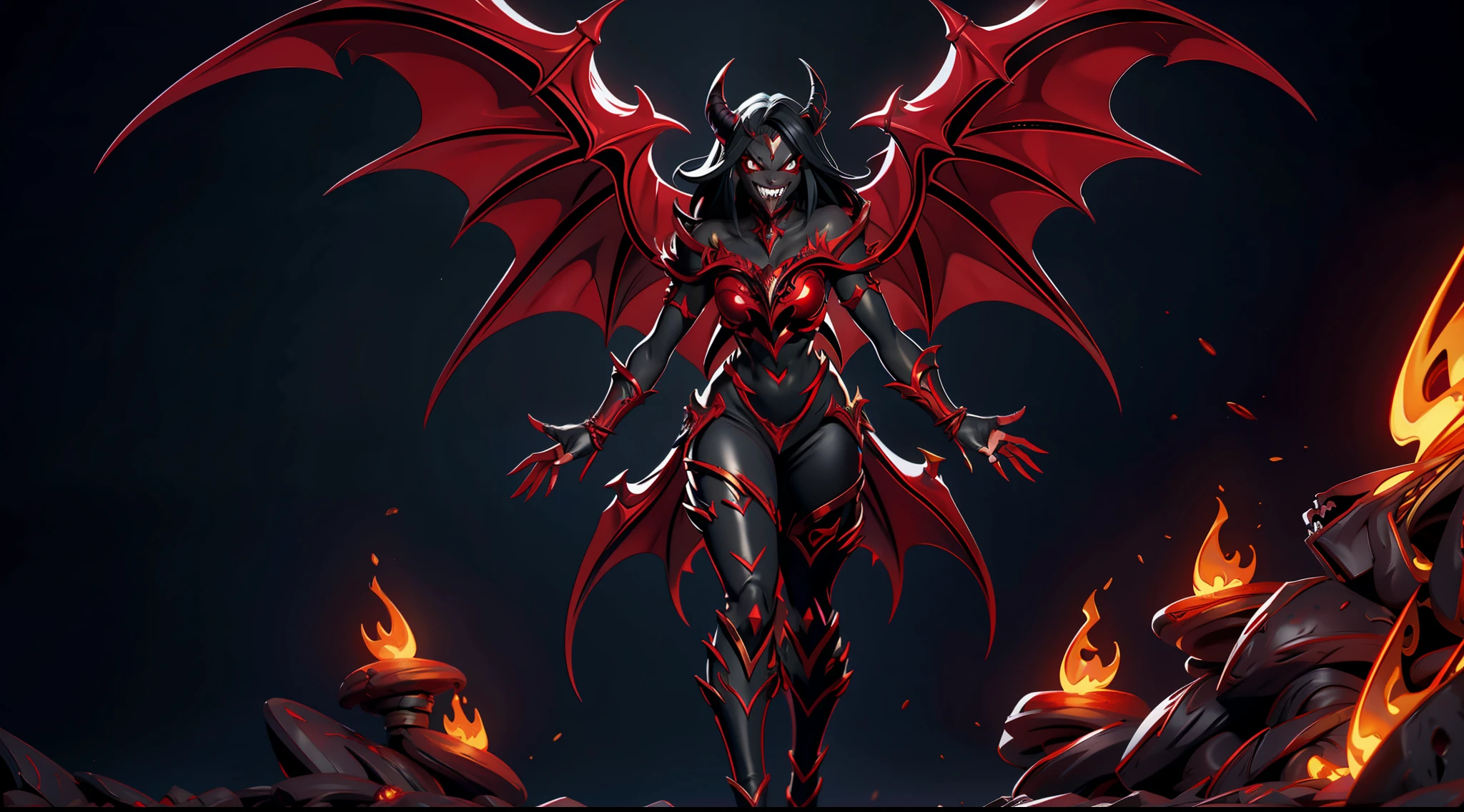 full body picture Unreal Engine 5 8K UHD of demon female, dark red skin, have 4 eyes with gold glowing, have demon wings, evil but seductive smile, vampire teeth, have wisps flying around, dark environment, devouring soul of a knight, best quality, masterpiece