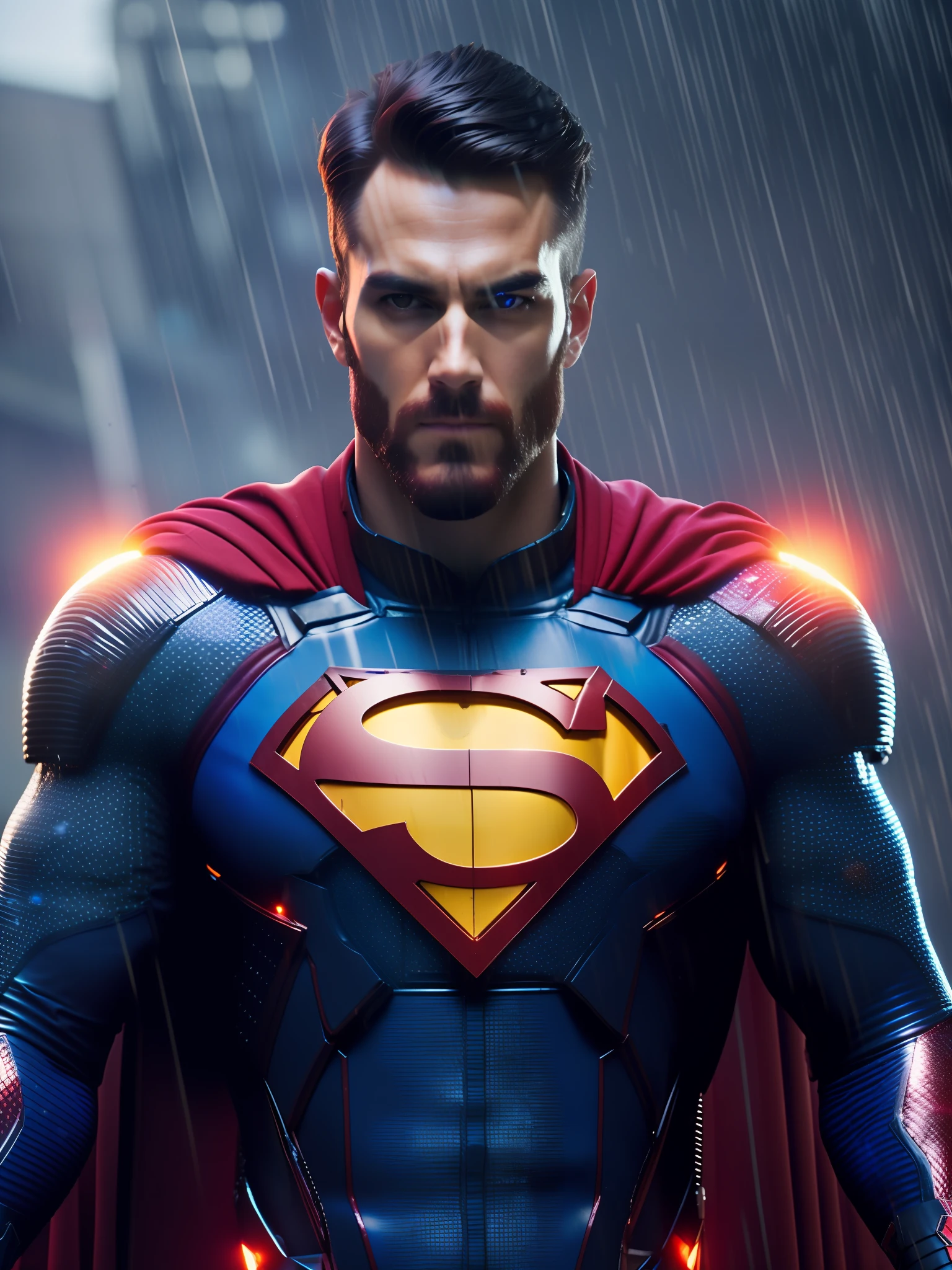 Superman award-winning photo of a man, Blue and red superhero suit, square jawline, asymmetric face, big hair, big beard, in rain, angry, red eyes, purple light, 80mm, bokeh, mass effect, close up, fking_cinema_v2, 8k, cinematic