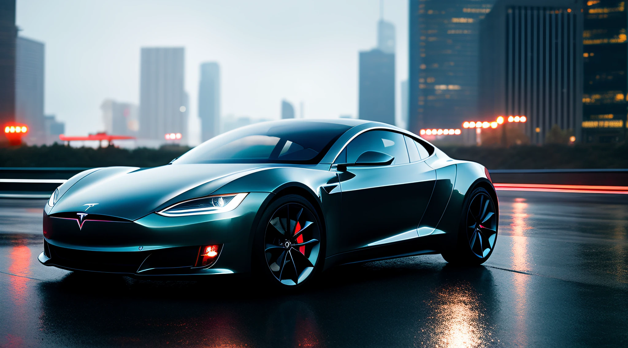 A futuristic sports car Tesla, its sleek curves and chrome body illuminated by the city lights, its reflection shimmering in the rain-soaked puddles., Futurism, Social realism, ray tracing, reflection light, best quality, award winning, textured skin, 8k, 16k, high quality, high details