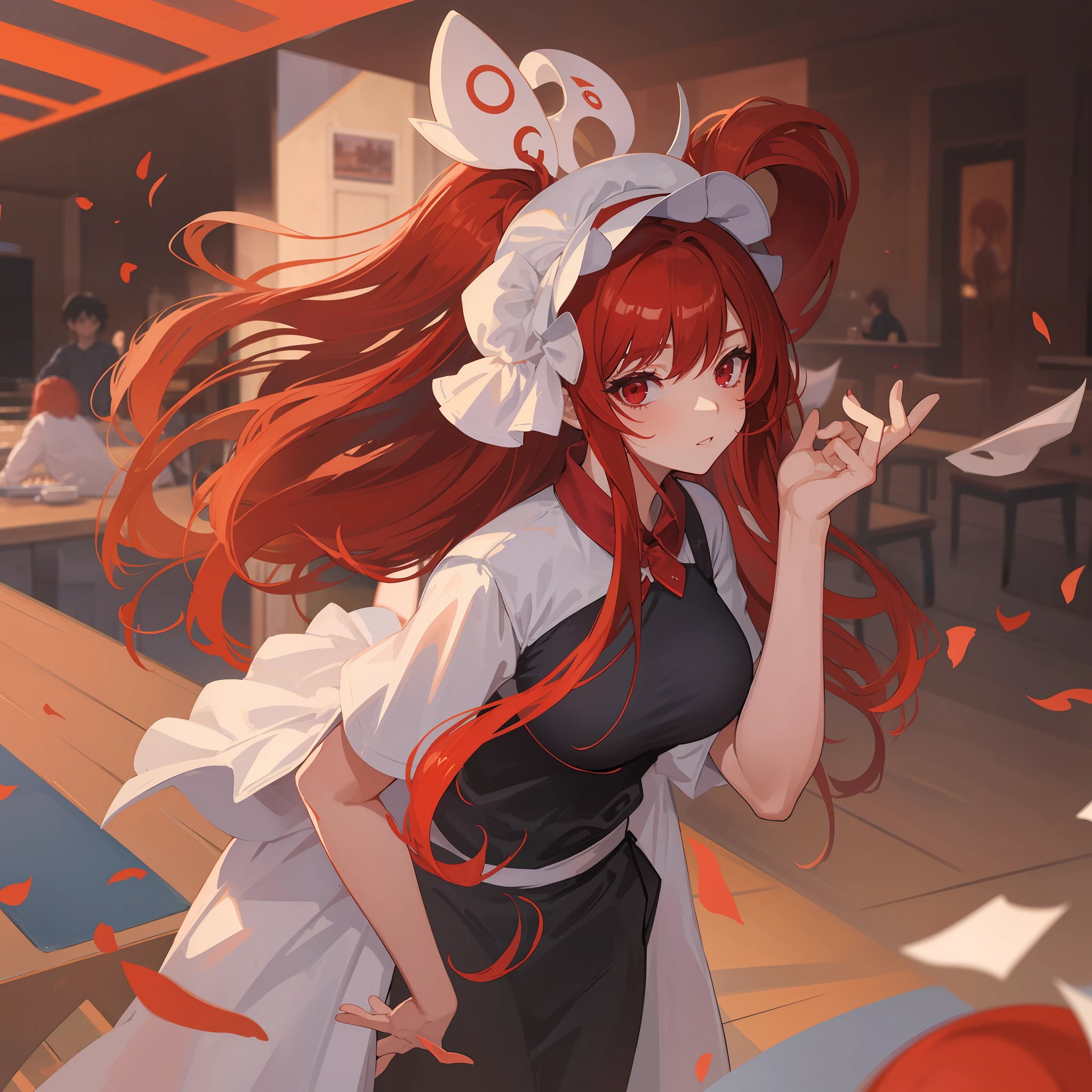 A lady of heaven, red hair, red eyes wearing casual cafeteria clothes