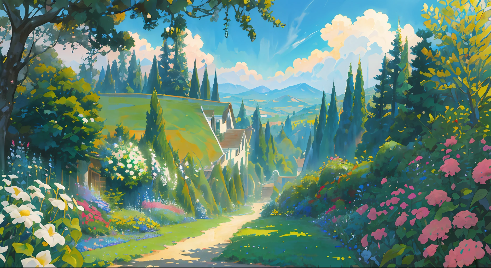 masterpiece, best quality, official art, extremely detailed CG 8k wallpaper, outdoor, animal, valley, spring \(season\), overcast sky, studio ghibli, garden, villa,