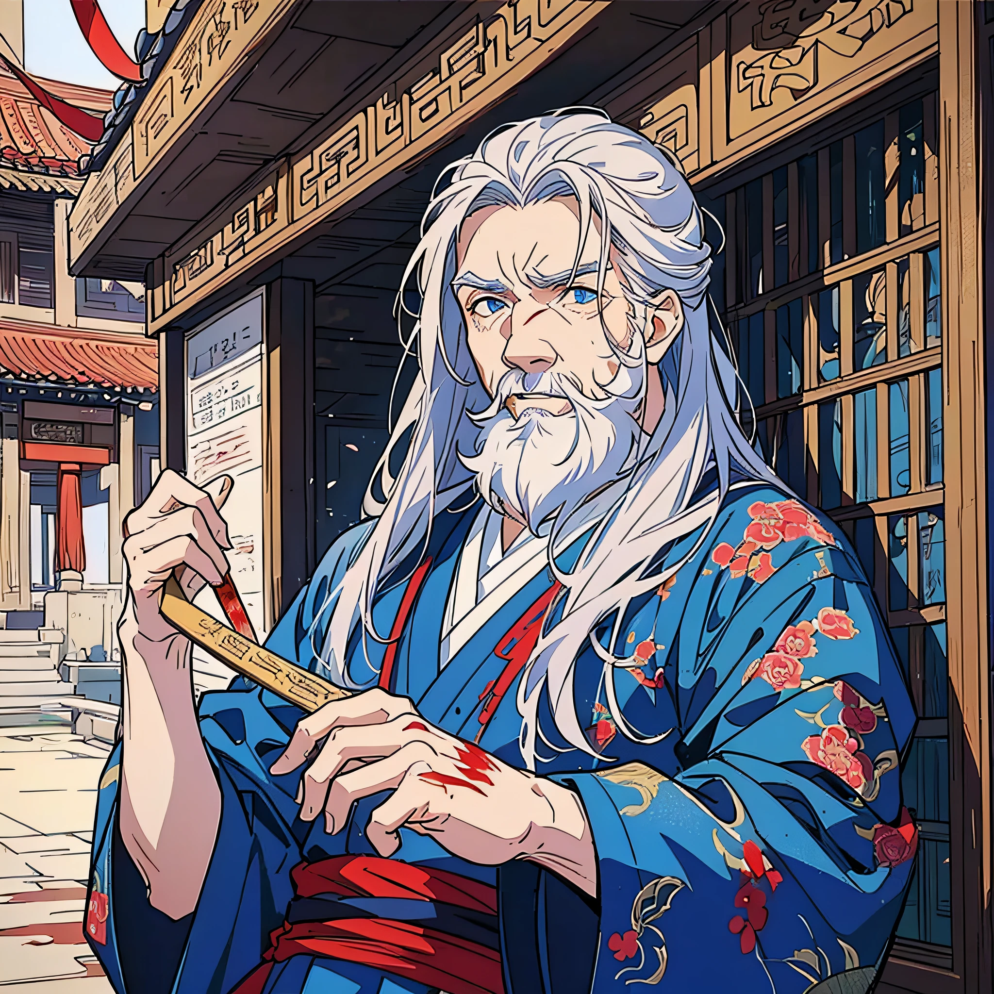 Masterpiece, outdoor, daytime, ancient China, ancient, 1 old man, wrinkled face, in a cage, long hair, gray hair, tied hair, injured, covered in blood, angry, anxious, hanfu, blue hanfu, face display, exquisite detail display