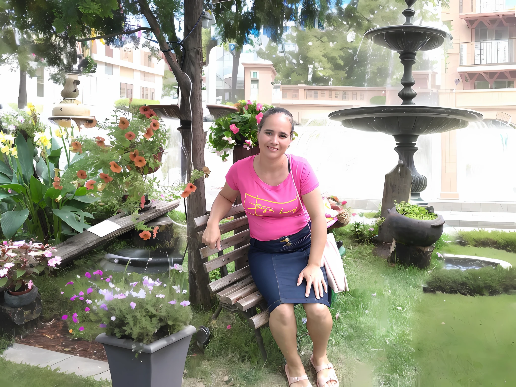 Put in HD, sharp photo, real picture. On the ground trimmed green grass, in the background square with small fountains and foliage and flowers