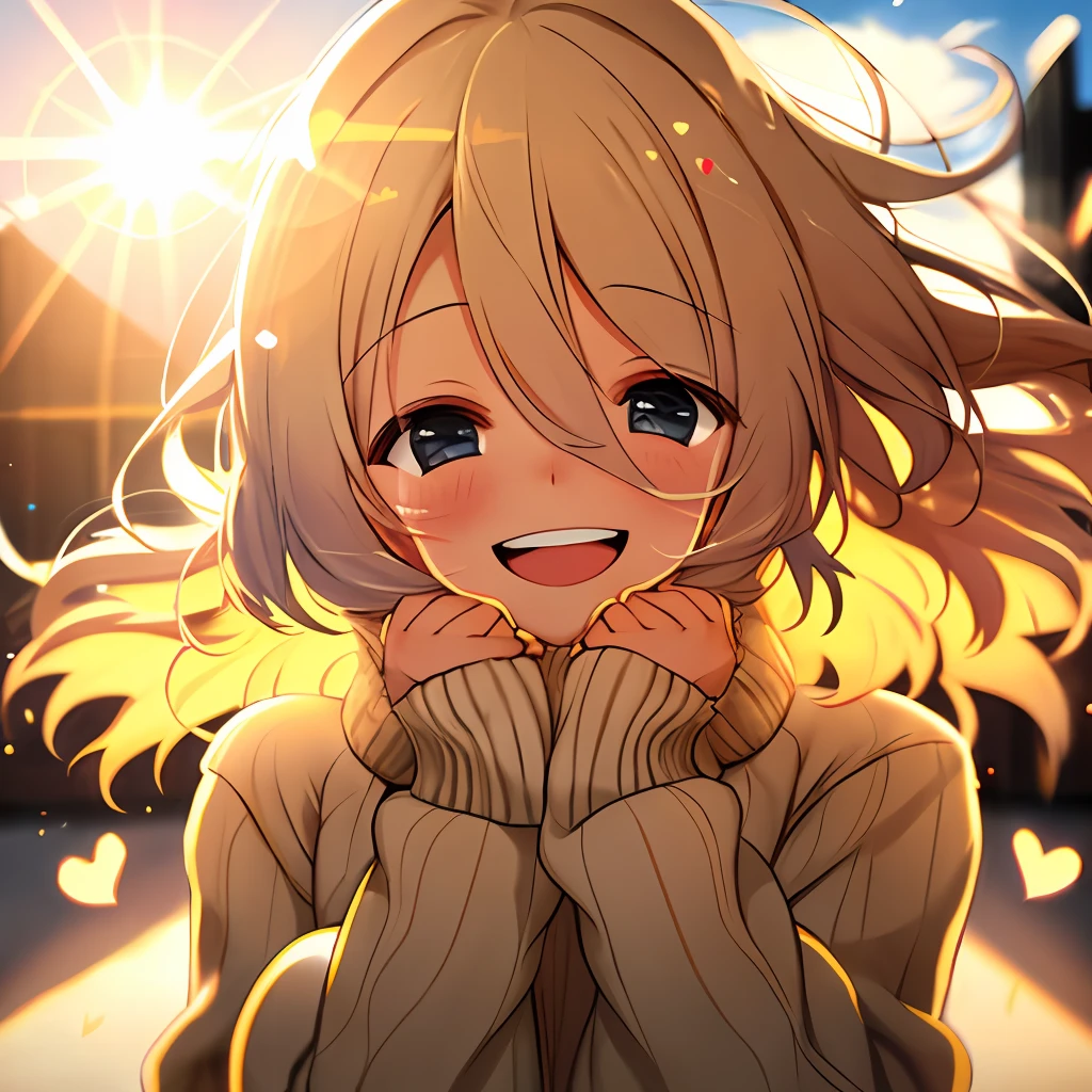 a girl, cosy sweater on, upper body, (huge Laughing:1.1), (open mouth:1.1), (wide open eyes:1.2), sun glare, bokeh, depth of field, blurry background, light particles, strong wind, (heart particles:1.1)