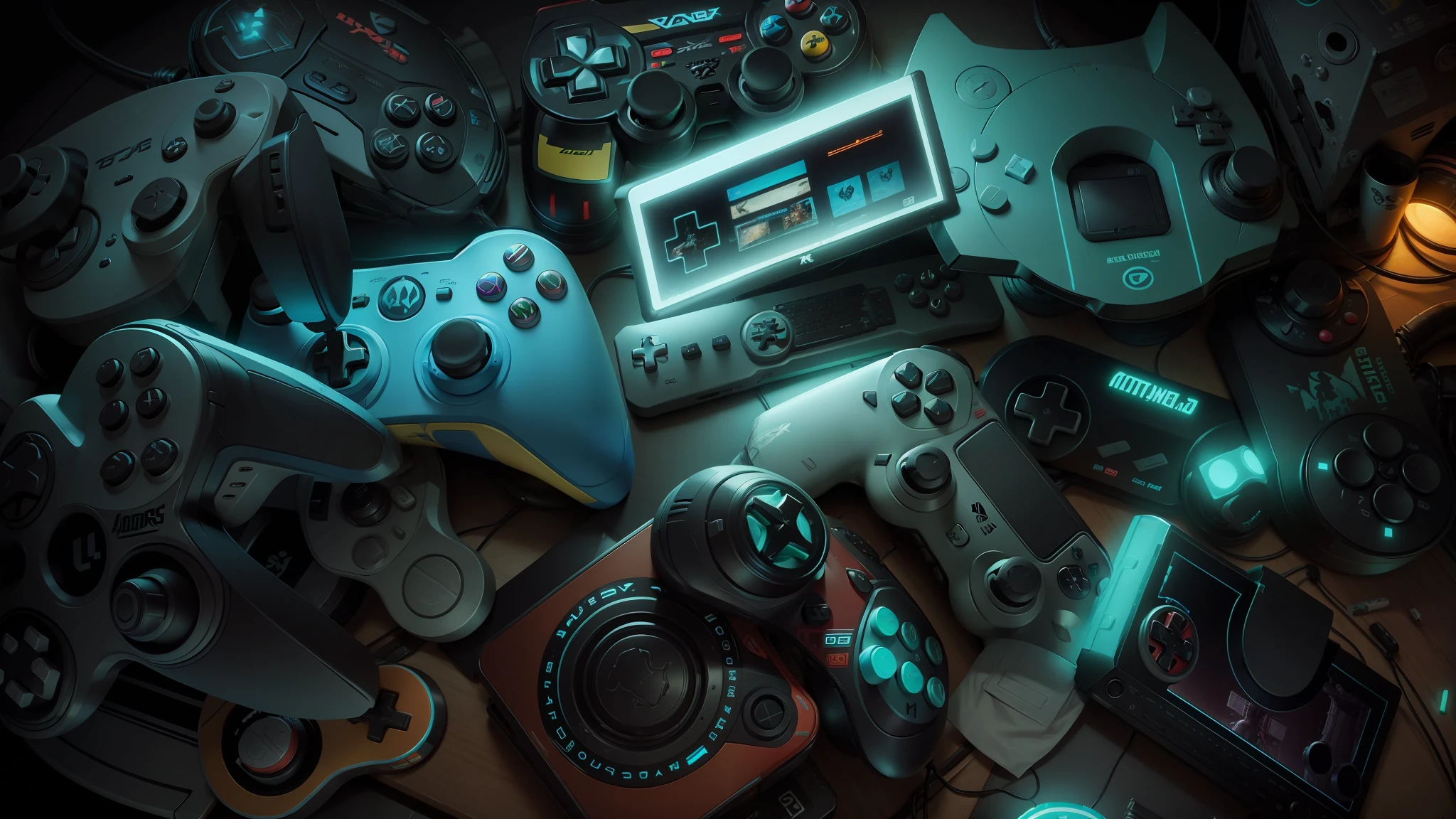 a stack of video game controllers on a table, video game style, realistic, punkcore, bright colors, detailed design, pixar, colorful --auto --s2