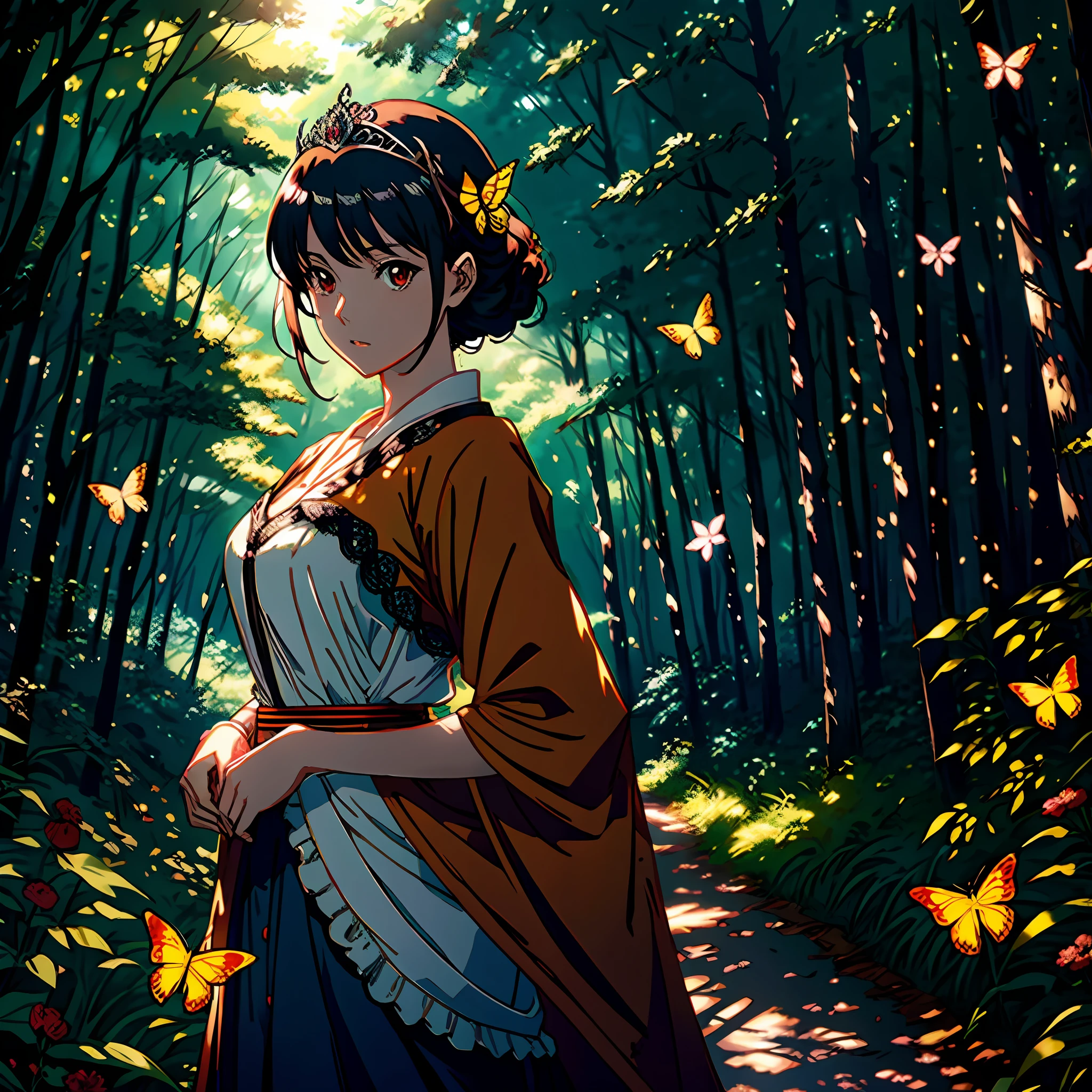 Manga-style, anime, animated GIF illustrating manga-style anime, Kentaro Miura, Wlop illustration, best quality, best lighting, best artist, best luminosity, incredible beautiful forest background scenery with butterflies, fireflies, a lovely young woman, wearing modest and elegant medieval attire, bright luminescent red eyes, fair skin, wearing a beautiful lace tiara, cinematic indirect lighting from the studio.