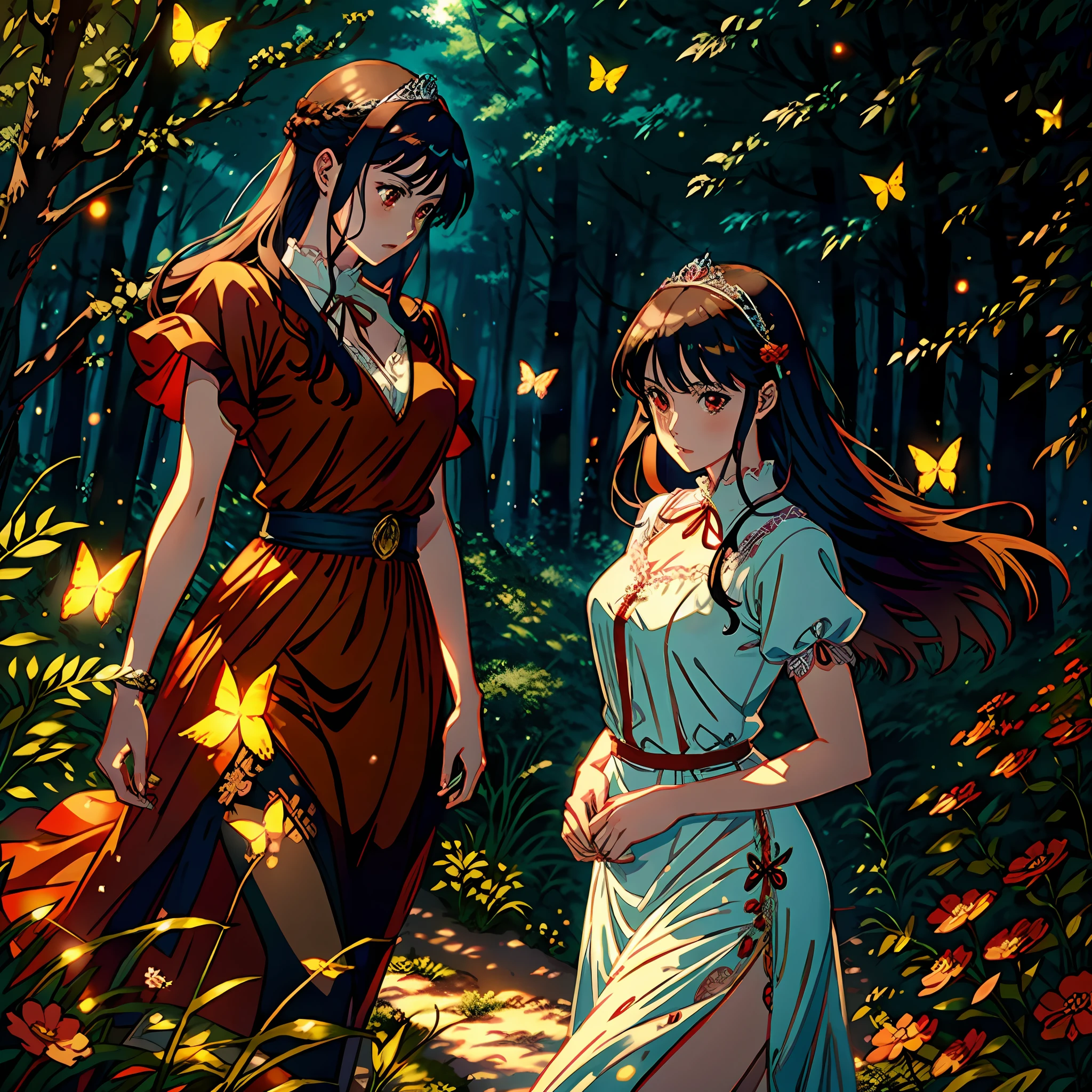 Manga-style, anime, animated GIF illustrating manga-style anime, Kentaro Miura, Wlop illustration, best quality, best lighting, best artist, best luminosity, incredible beautiful forest background scenery with butterflies, fireflies, a lovely young woman, wearing modest and elegant medieval attire, bright luminescent red eyes, fair skin, wearing a beautiful lace tiara, cinematic indirect lighting from the studio.