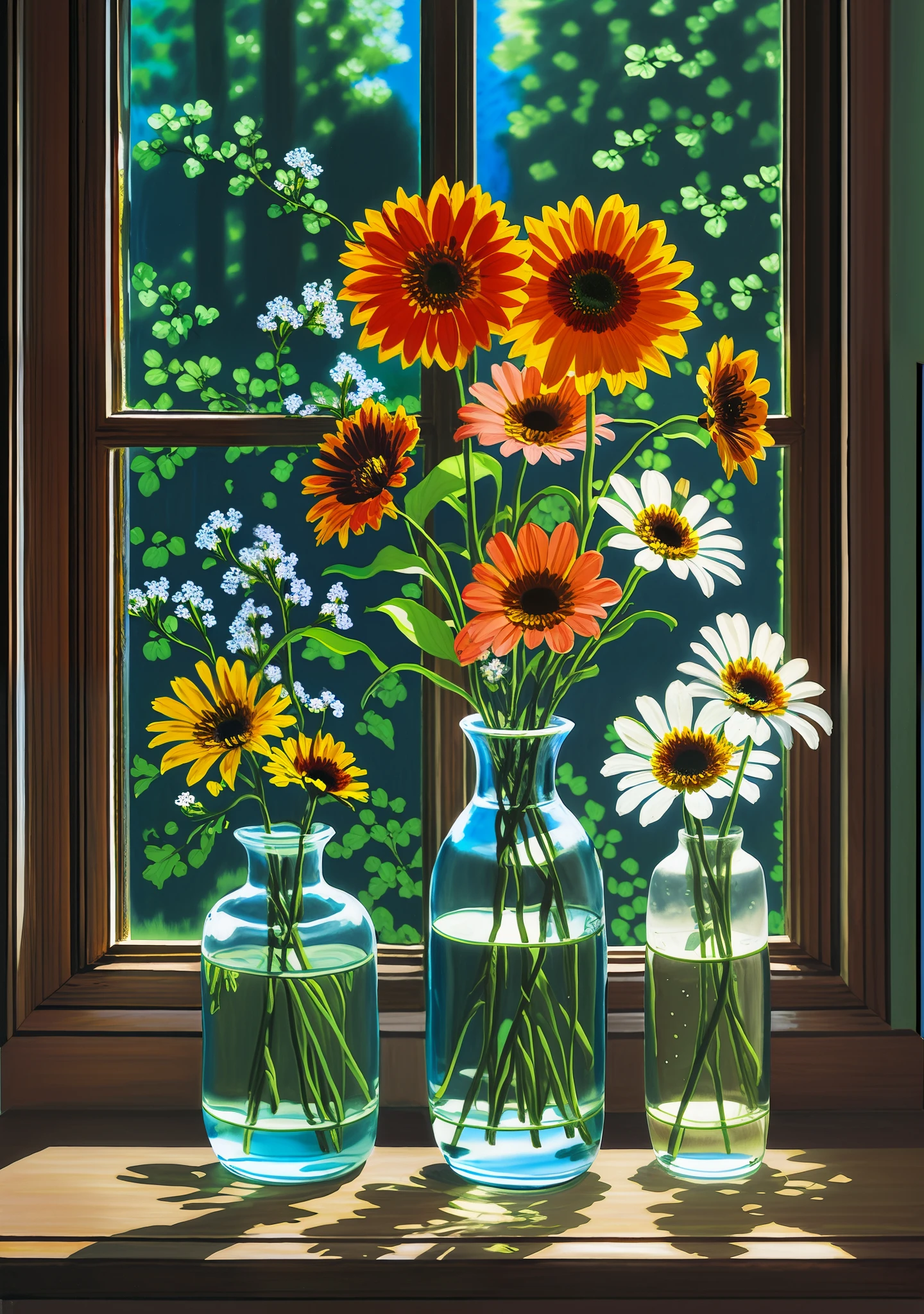 there are three vases with flowers in them sitting on a window sill, realistic flowers oil painting, by Carol Bove, by Alison Geissler, by Mary Anne Ansley, by Jung Park, soft morning light. hyperrealism, by Richard Sedlon, by Michael James Smith, by Stevan Dohanos, by Dorothy Hood, by Gang Se-hwang