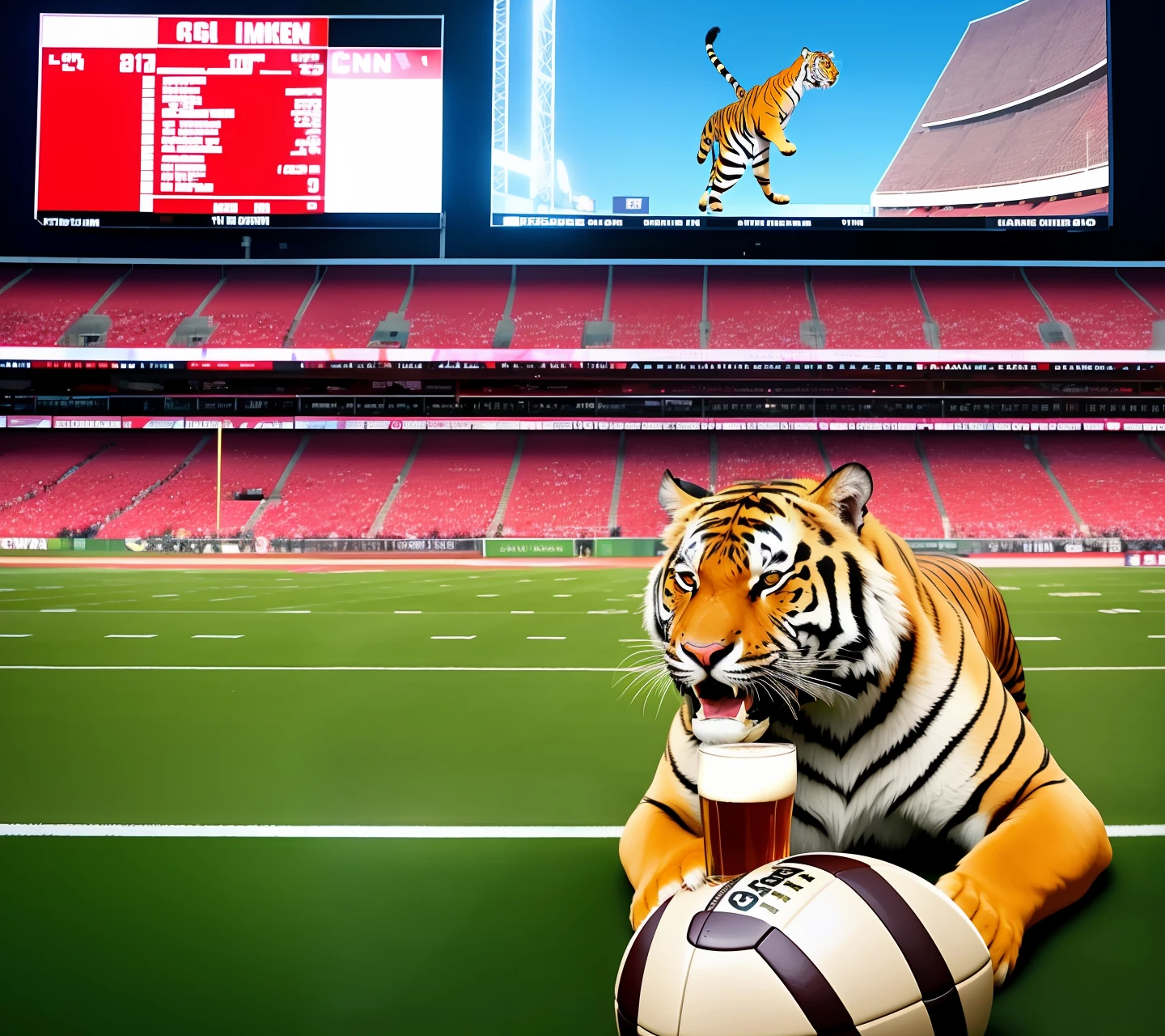 Tiger eating a gamecock in football stadium with beer in background scoreboard saying 63-17 high resolution (8k)