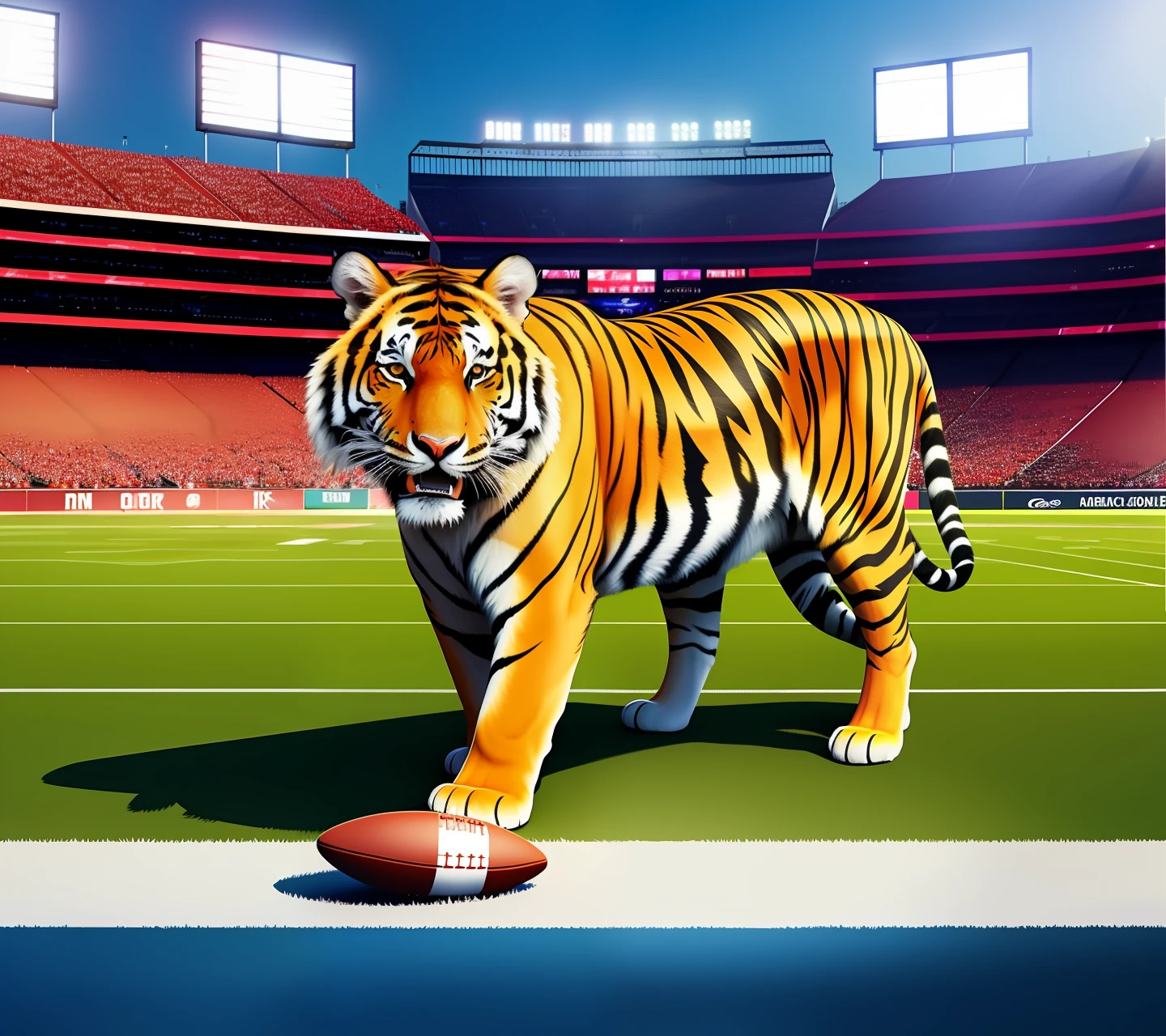 Tiger eating a gamecock in football stadium with beer in background scoreboard saying 63-17 high resolution (8k)