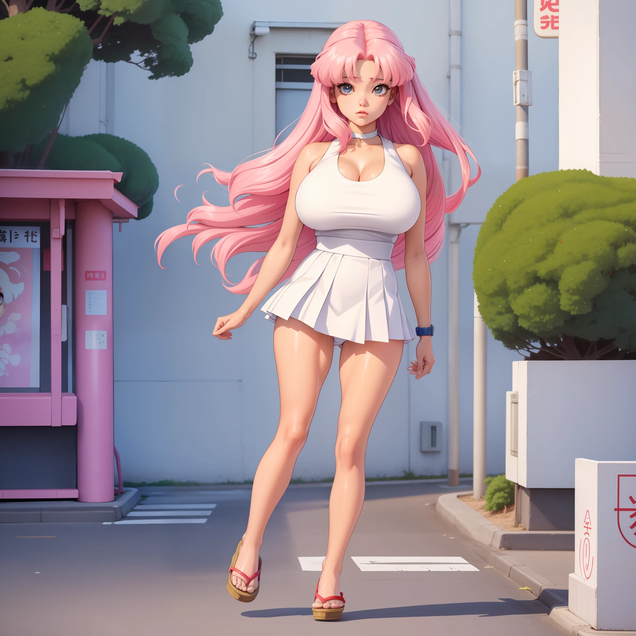 a young girl of 16 years she Japanese high school clothes, with long white and shiny hair, big and beautiful breasts, she is on the city street and the wind is lifting her dress and showing her pink panties, retro anime style, 80s anime, 80s retro anime, Japanese animation cell style, vibrant colors and solid shadows