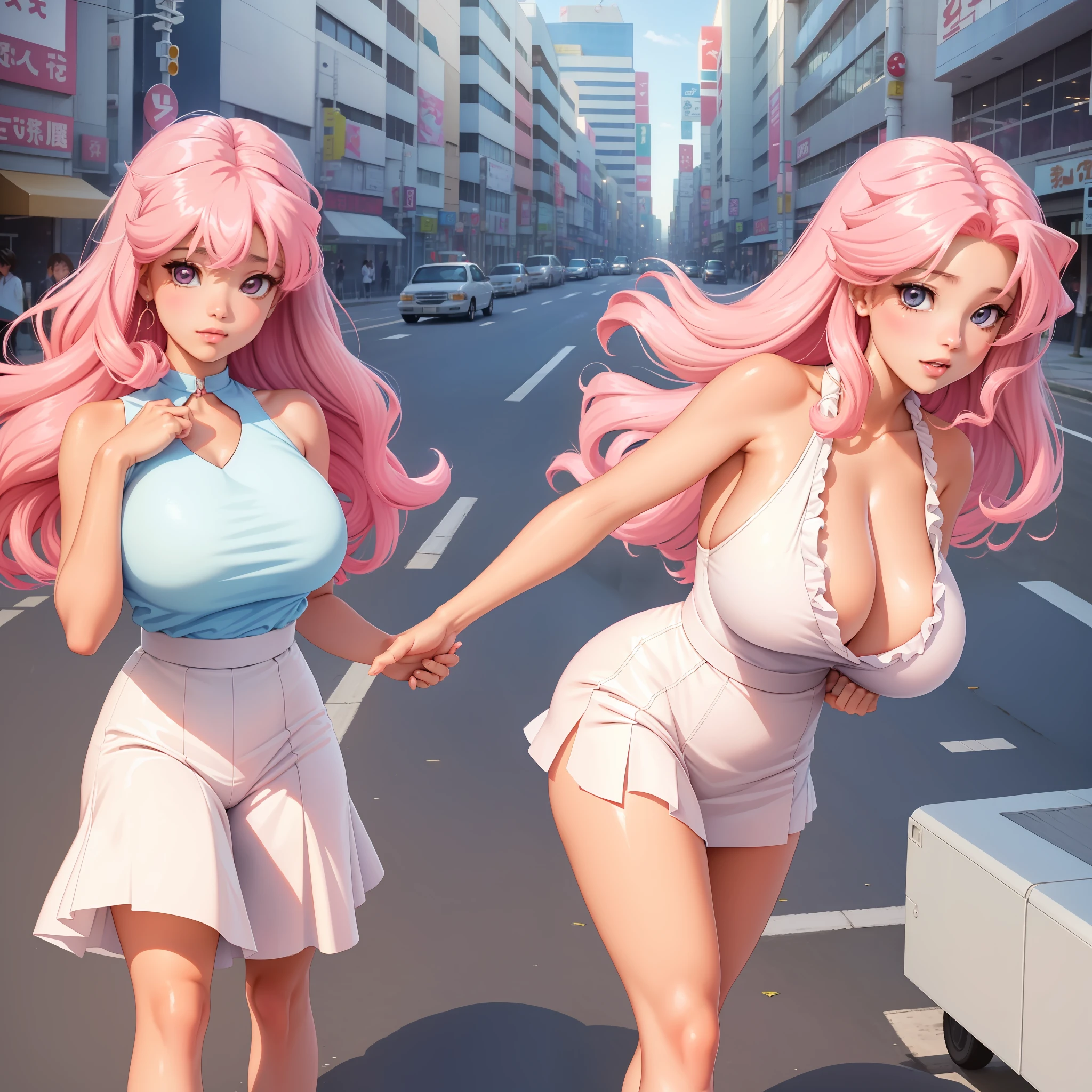 a young girl of 16 years she Japanese high school clothes, with long white and shiny hair, big and beautiful breasts, she is on the city street and the wind is lifting her dress and showing her pink panties, retro anime style, 80s anime, 80s retro anime, Japanese animation cell style, vibrant colors and solid shadows