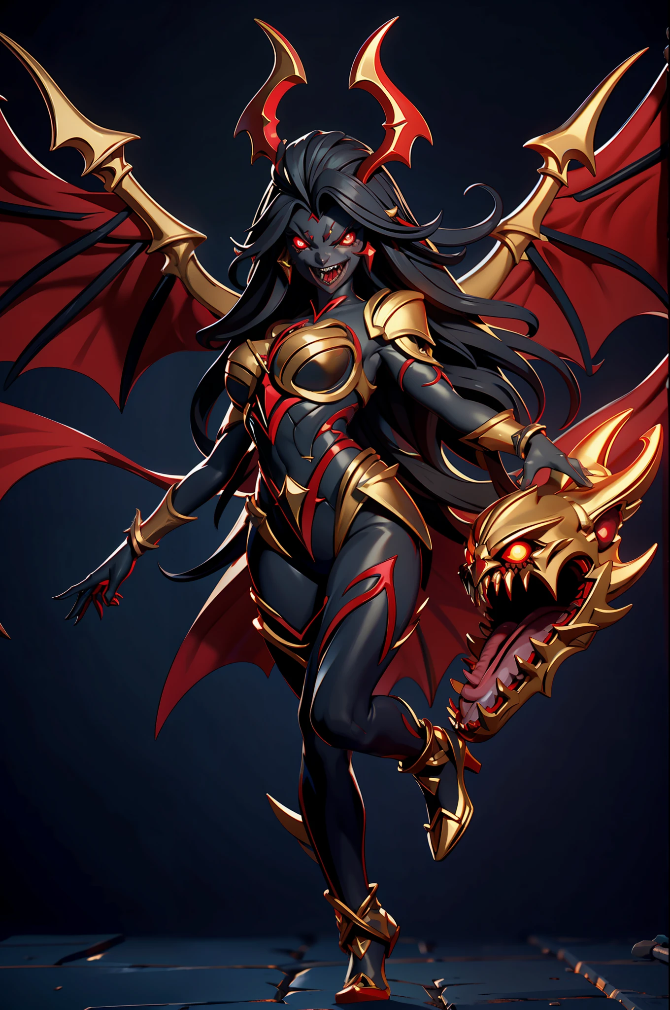 full body picture Unreal Engine 5 8K UHD of demon female, dark red skin, have 4 eyes with gold glowing, have demon wings, evil but seductive smile, vampire teeth, have wisps flying around, dark environment, devouring soul of a knight, best quality, masterpiece