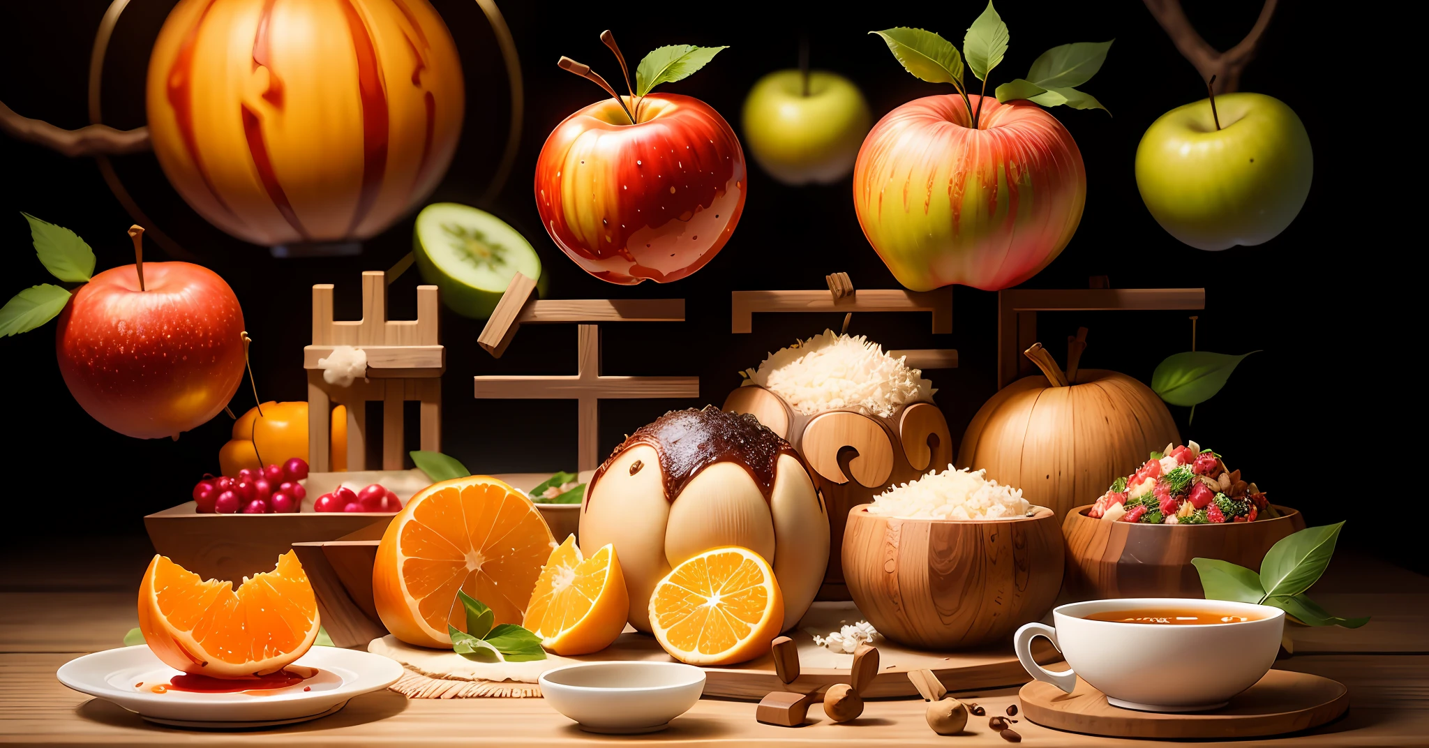 fruit, wood, coffee, cups of apple juice, a few slices of apple, orange, green background, masterpiece, best quality, detailed description, meat dumplings, rice dumplings，在湖面上赛龙舟，有山有水，粽子满天飞