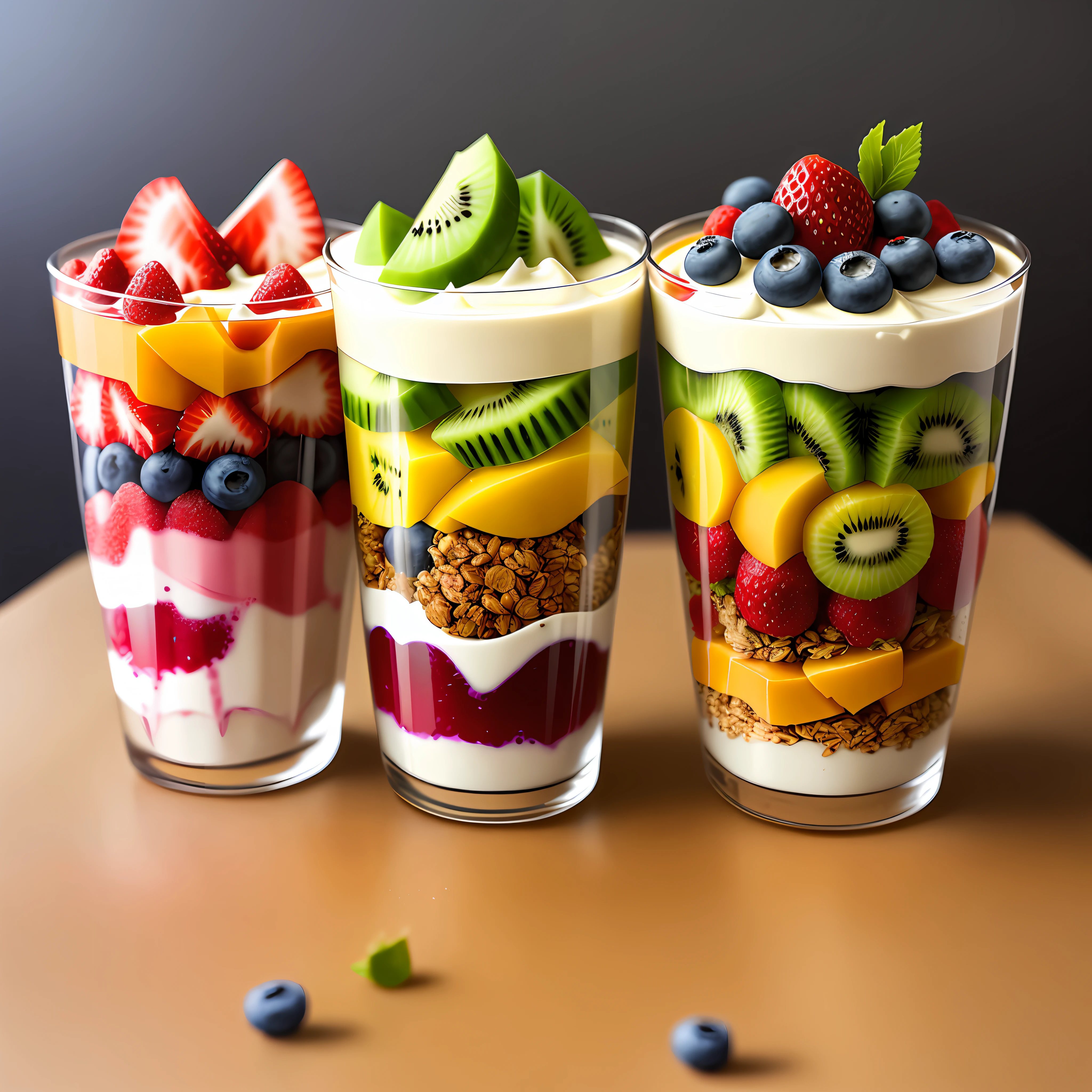 Clear! Here is a visual description of the Yogurt and Fruit Parfait recipe:
A glass reveals layers of vibrant colors. At the base is a thick layer of natural low-fat yogurt, with a creamy tone. On top of the yogurt, there is a variety of chopped fresh fruits, such as bright red strawberries, juicy purple blueberries, and pieces of vibrant green kiwi. These fruits add a touch of freshness and an explosion of colors to the dessert. A tablespoon of granola with no added sugar is gently spread over the fruits, adding crunch and texture. Finally, small chia seeds are sprinkled over the granola, adding a touch of visual contrast. At the top of the glass, you can see the combination of colorful layers, creating an attractive, balanced and delicious dessert.