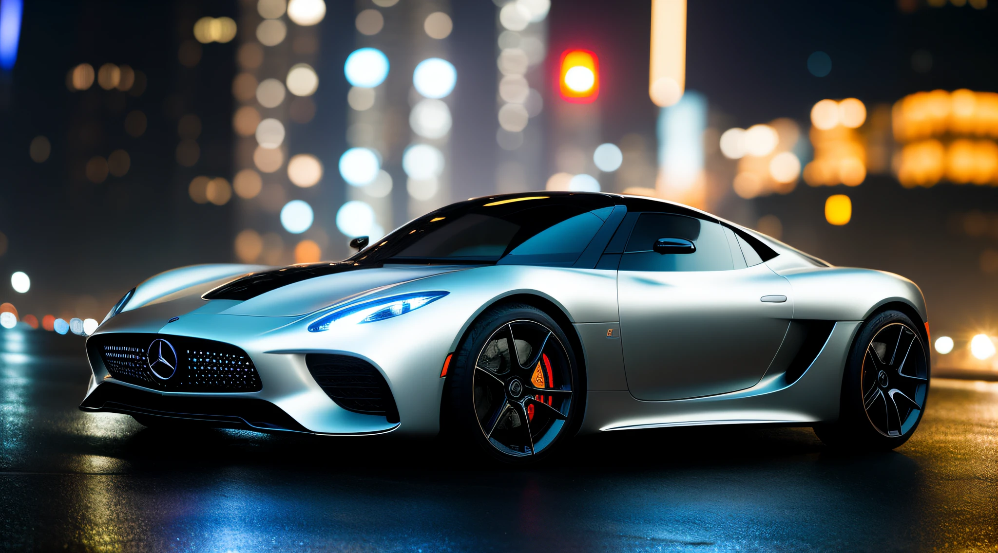 A futuristic sports car mercedes, its elegant curves and chrome body illuminated by the city lights, its shimmering reflection in the rain-soaked puddles., Futurism, social realism, ray tracing, reflective light, best quality, award-winning, textured leather, 8k, 16k, high quality, high details