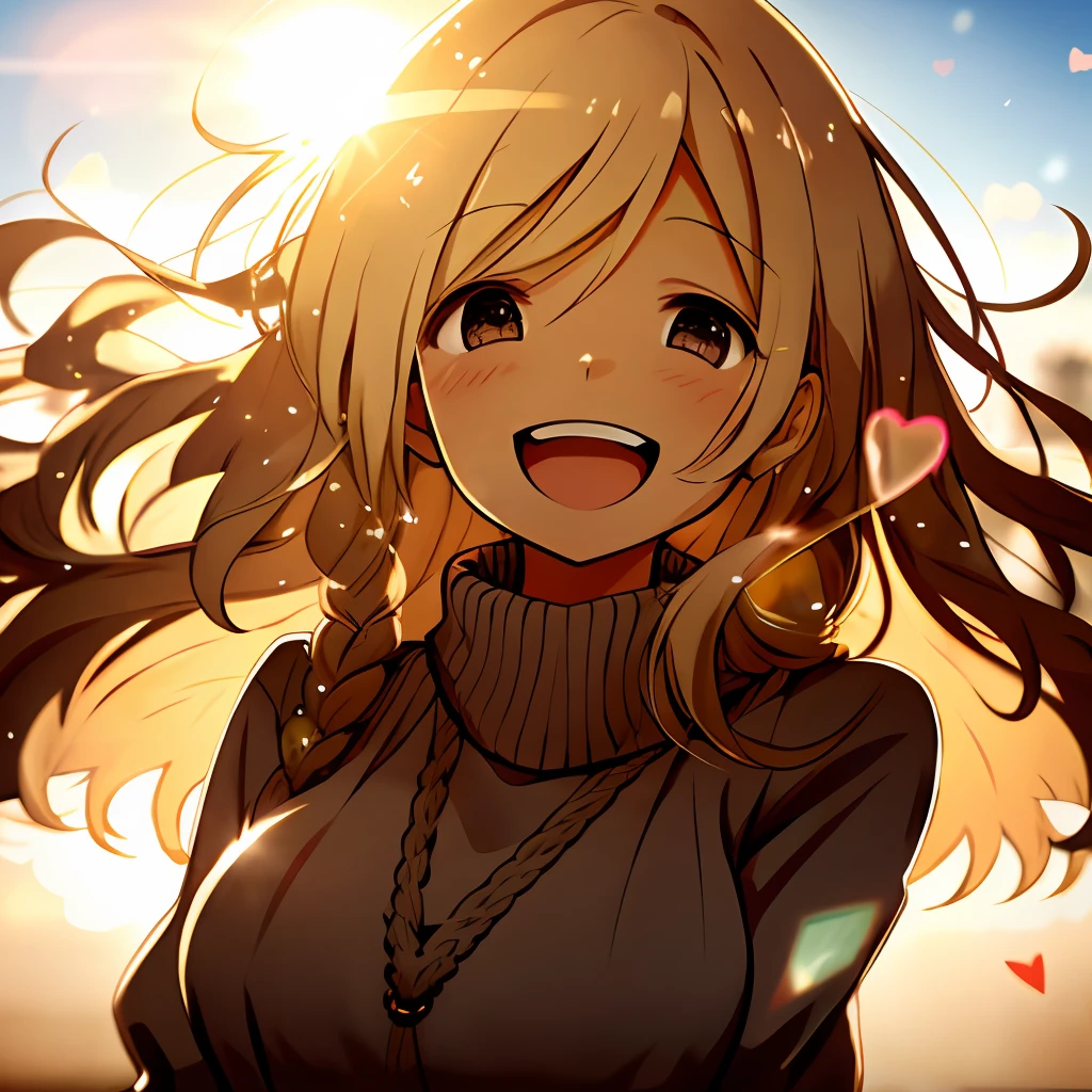a girl, cosy sweater on, upper body, (huge Laughing:1.1), (open mouth:1.1), (wide open eyes:1.2), sun glare, bokeh, depth of field, blurry background, light particles, strong wind, (heart particles:1.1)