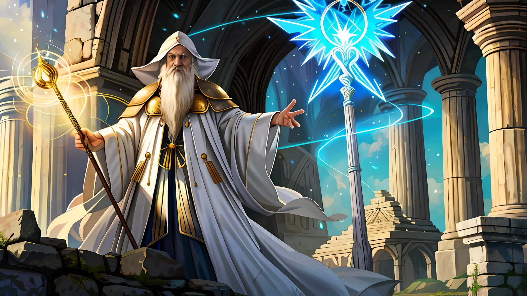 magv1ll, old wizard, white robe, holding staff, ruins, glow, magic